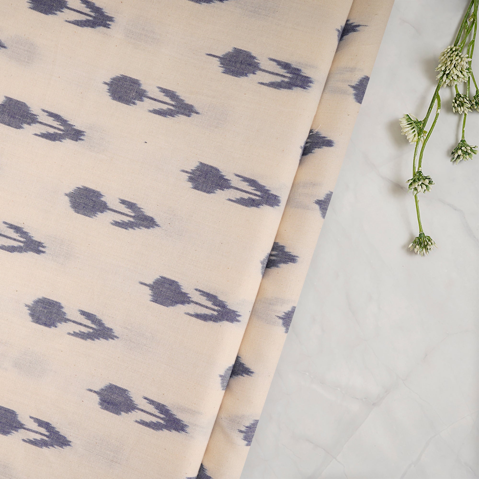 White-Blue Washed Woven Ikat Cotton Fabric