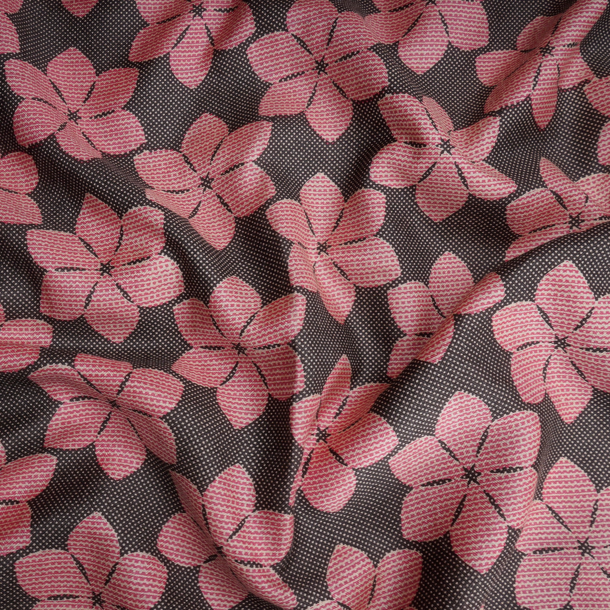 Black-Light Coral Color Printed Pashmina Silk Fabric