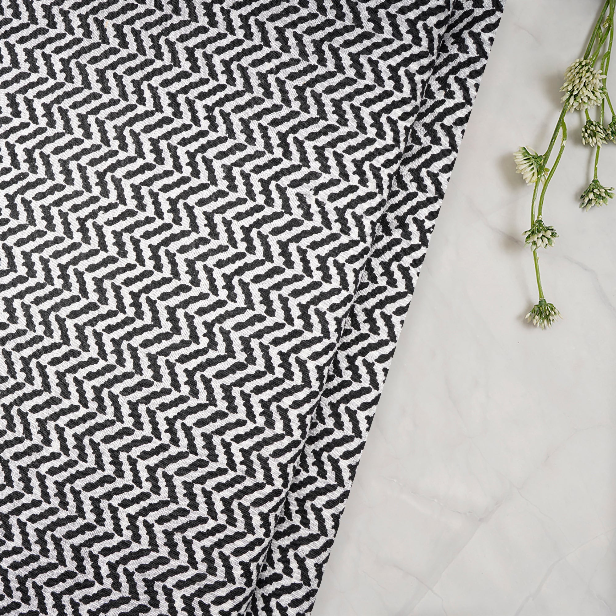 Black-White Color Printed Dupion Silk Fabric