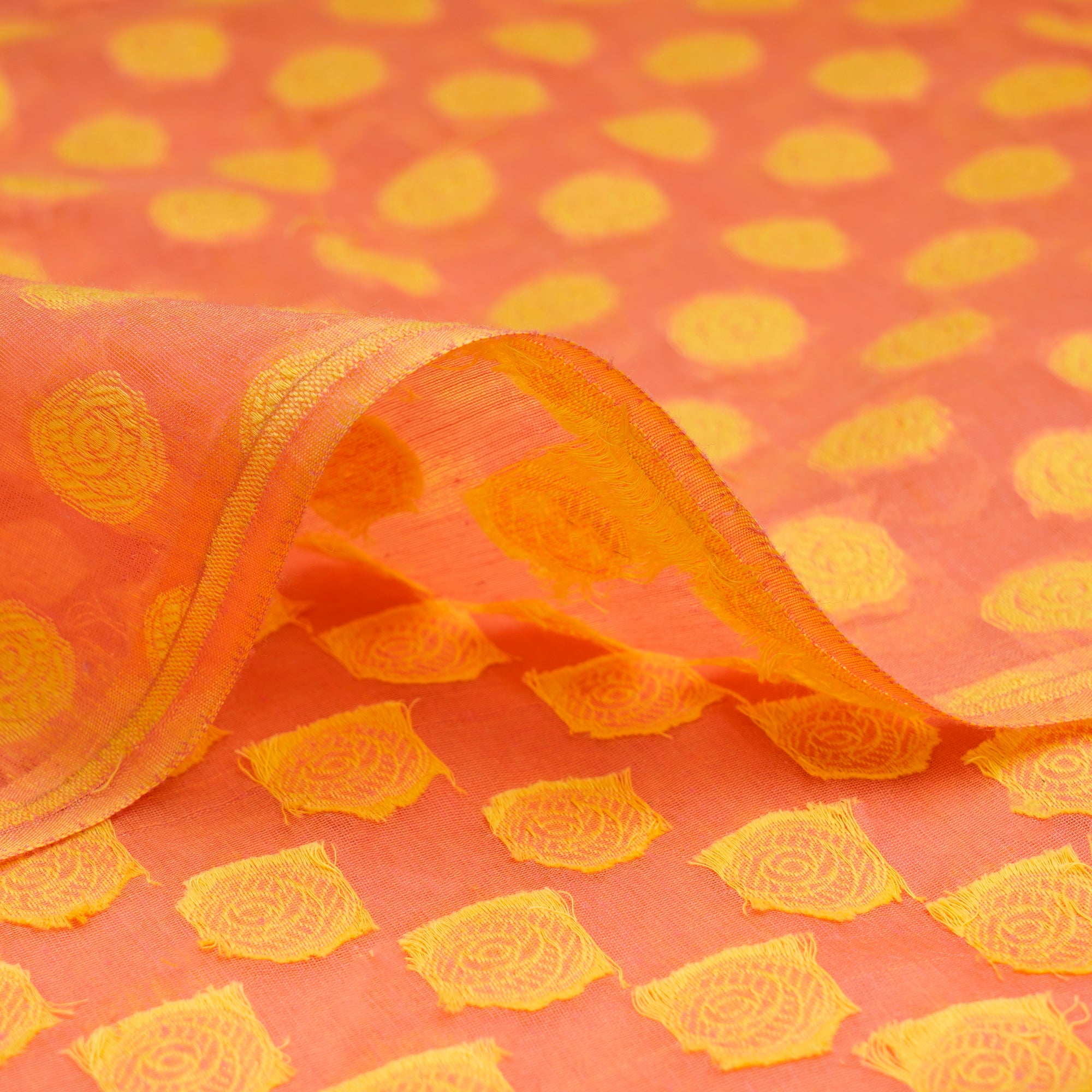 Peach-Yellow Booti Pattern Handwoven Banarasi Brocade Chanderi Fabric