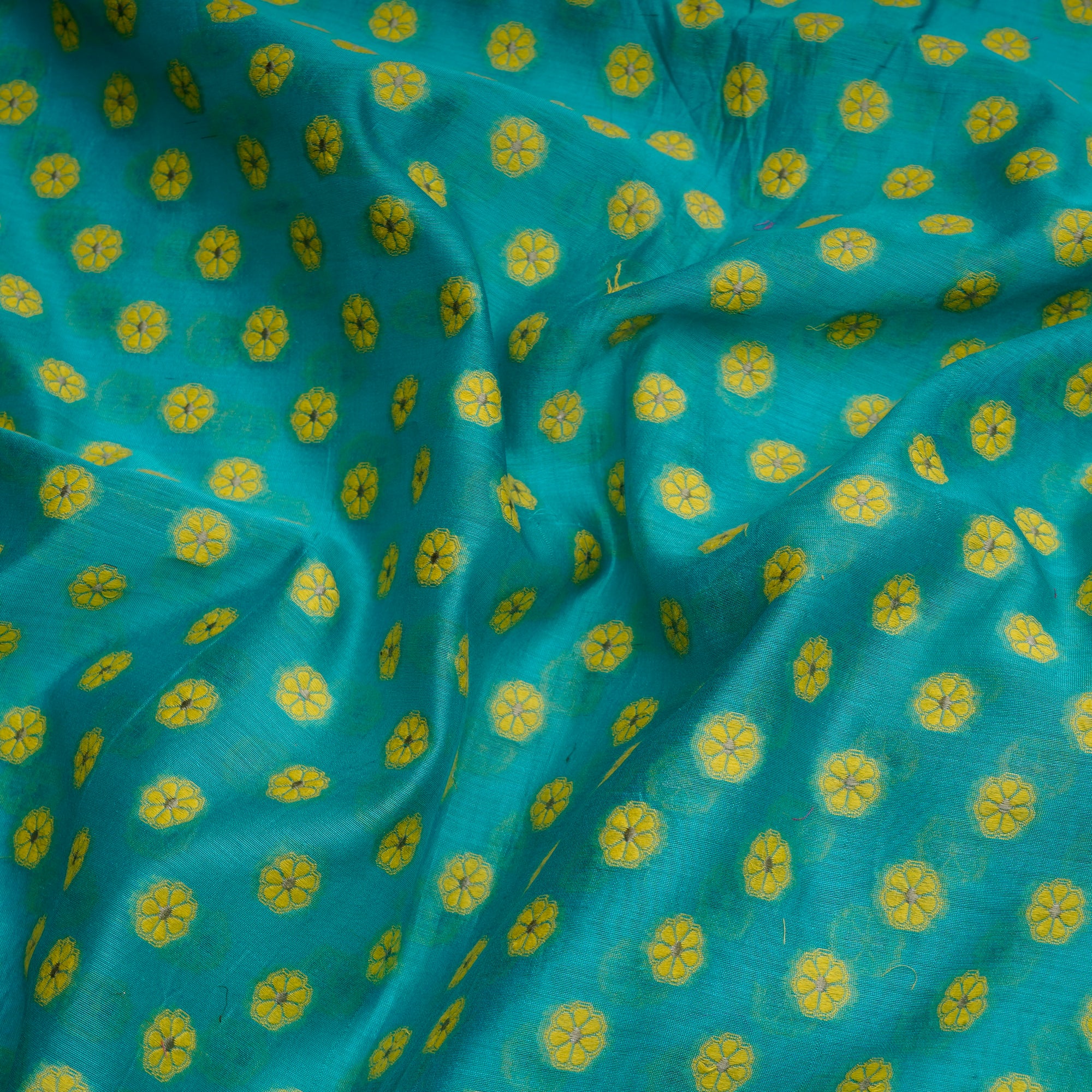 Sky Blue- Yellow Booti Pattern Handwoven Meenakari Chanderi Brocade Fabric