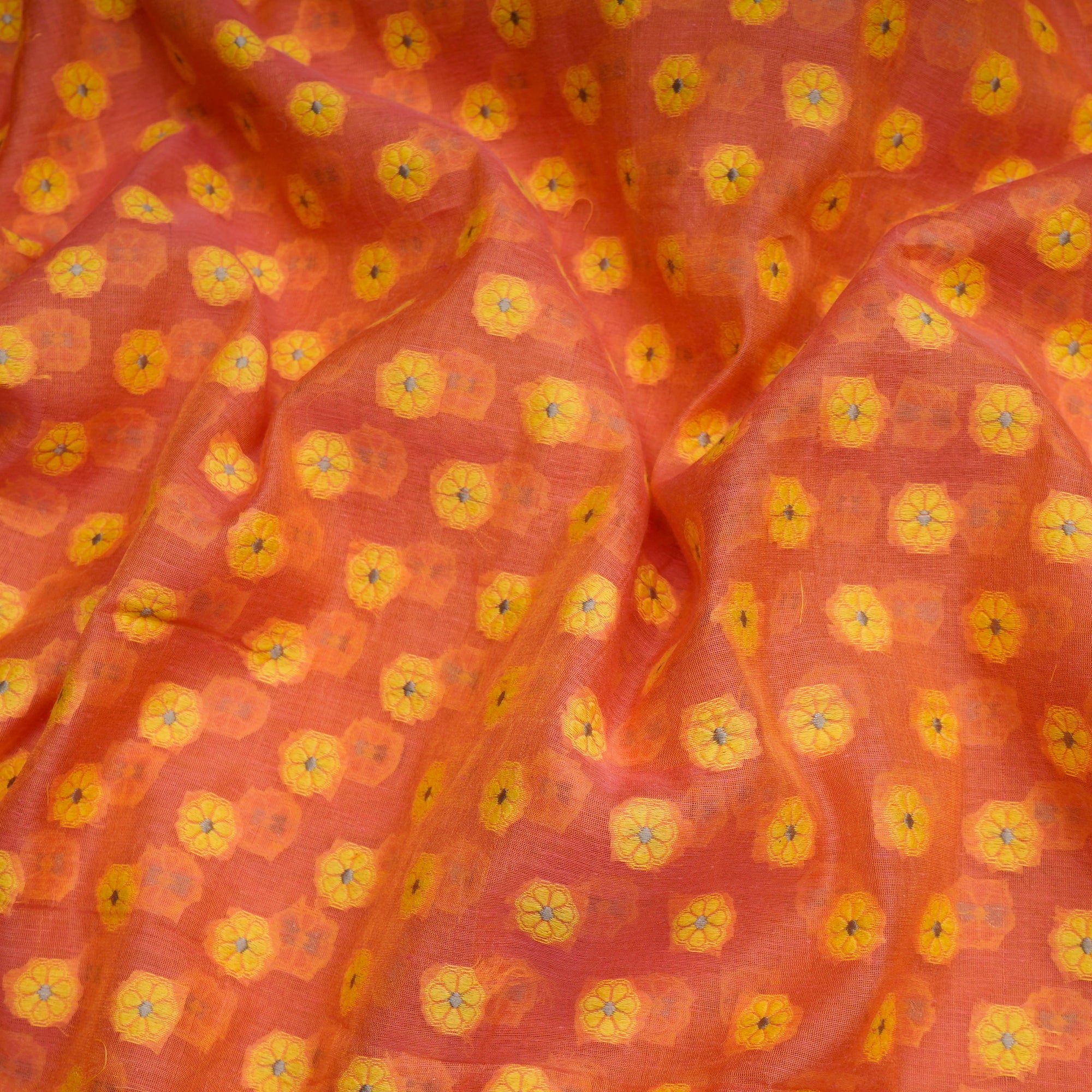 Orange-Yellow Booti Pattern Handwoven Meenakari Chanderi Brocade Fabric