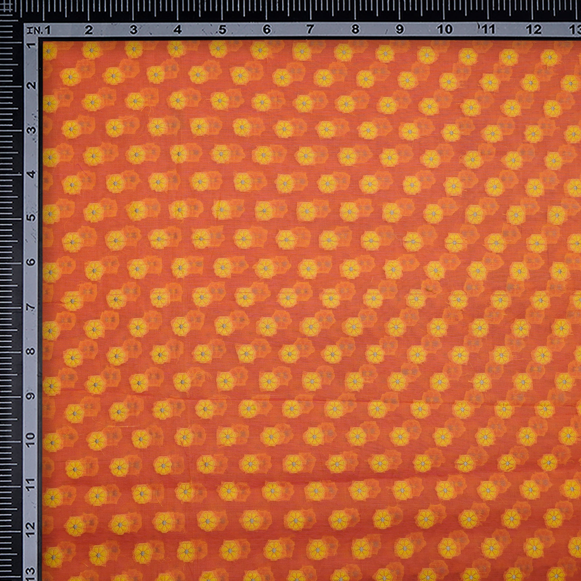 Orange-Yellow Booti Pattern Handwoven Meenakari Chanderi Brocade Fabric