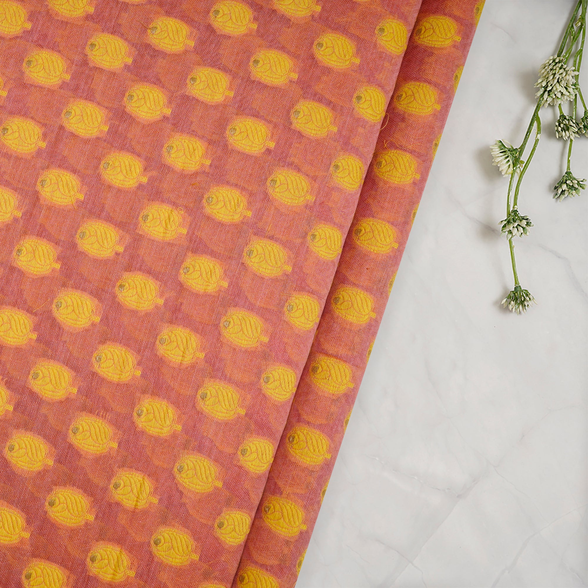 Peach-Yellow Booti Pattern Handwoven Meenakari Chanderi Brocade Fabric