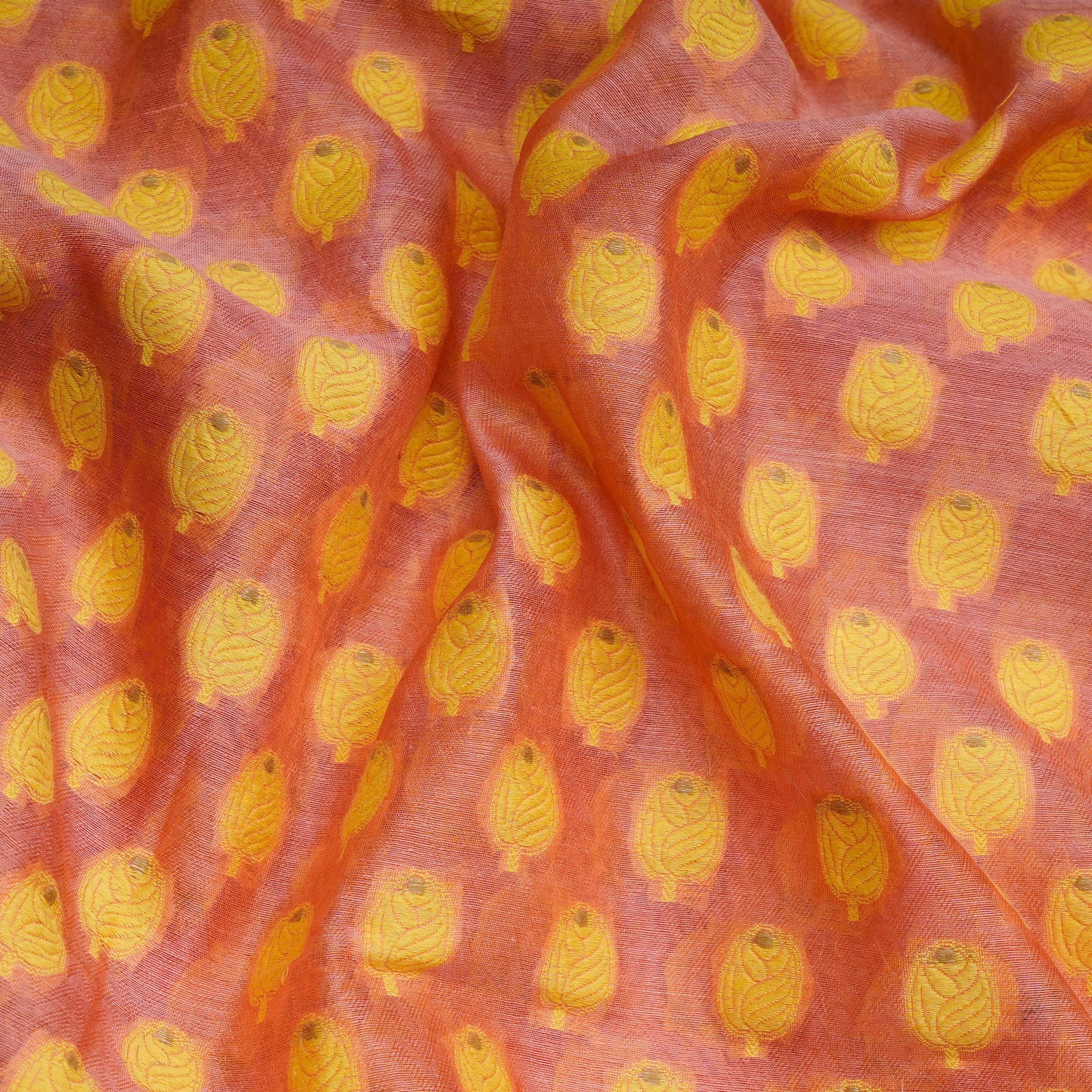 Peach-Yellow Booti Pattern Handwoven Meenakari Chanderi Brocade Fabric