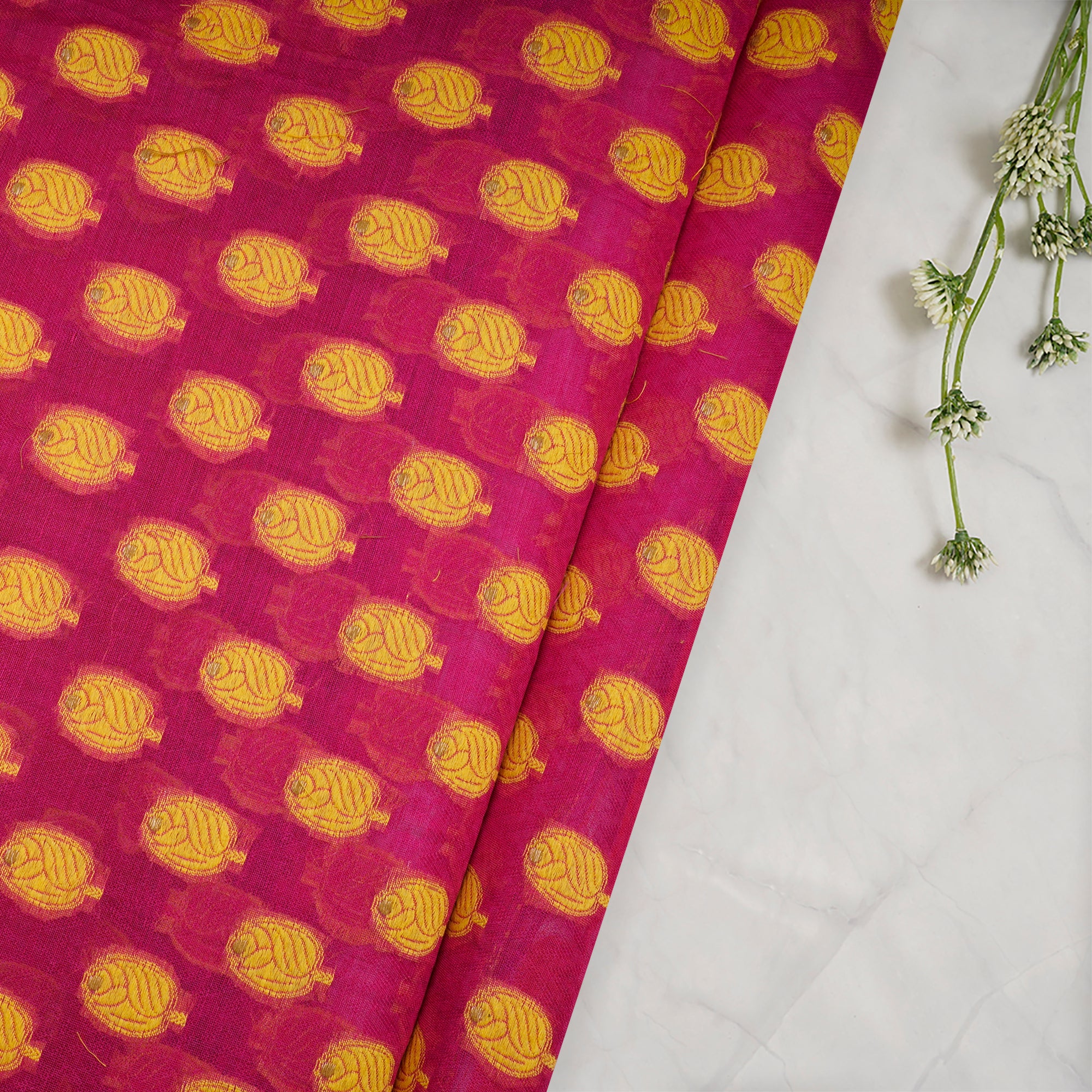 Rani Pink-Yellow Booti Pattern Handwoven Meenakari Chanderi Brocade Fabric