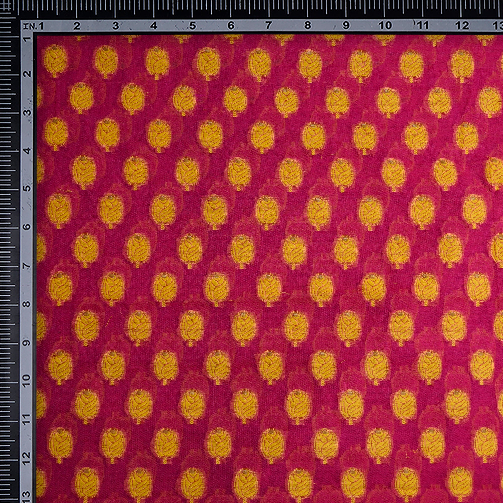 Rani Pink-Yellow Booti Pattern Handwoven Meenakari Chanderi Brocade Fabric