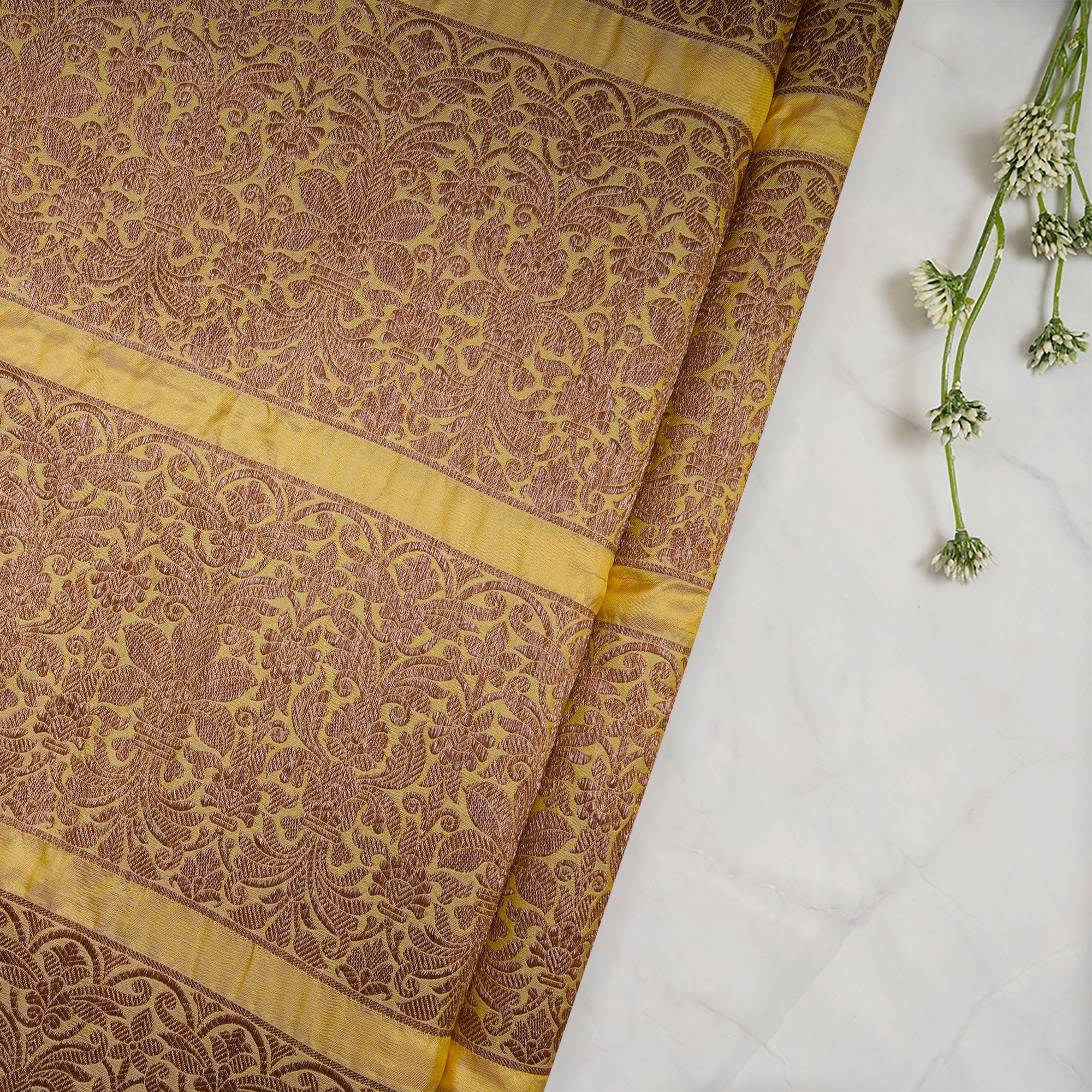 Light Gold Border Pattern Handwoven Banarasi Brocade Silk Fabric