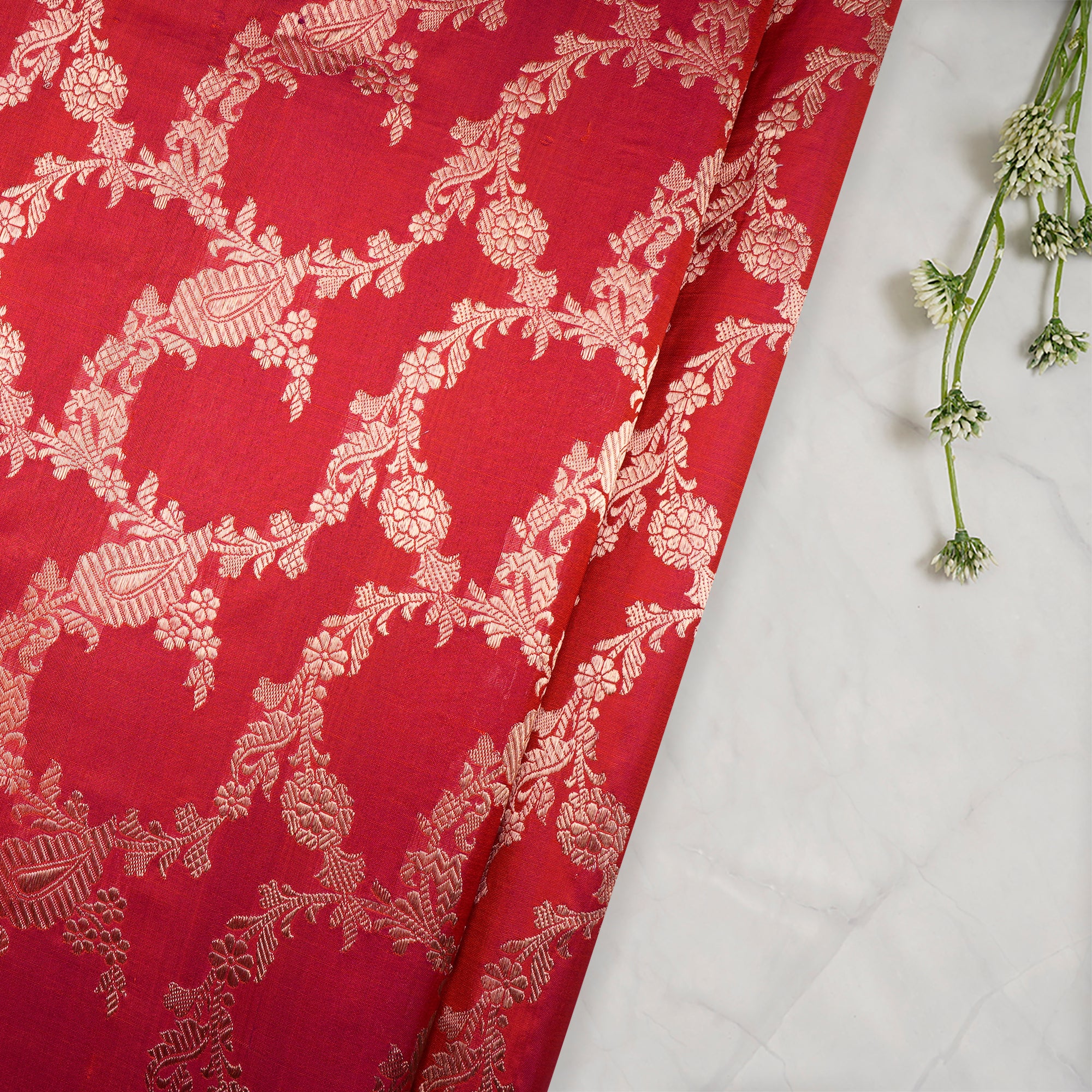 Raspberry All Over Pattern Handwoven Banarasi Brocade Silk Fabric