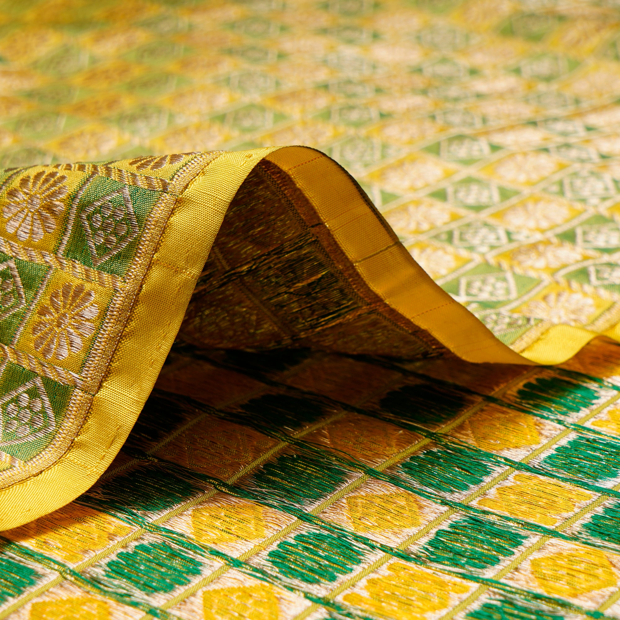 Yellow-Green Color Handwoven Brocade Silk Fabric