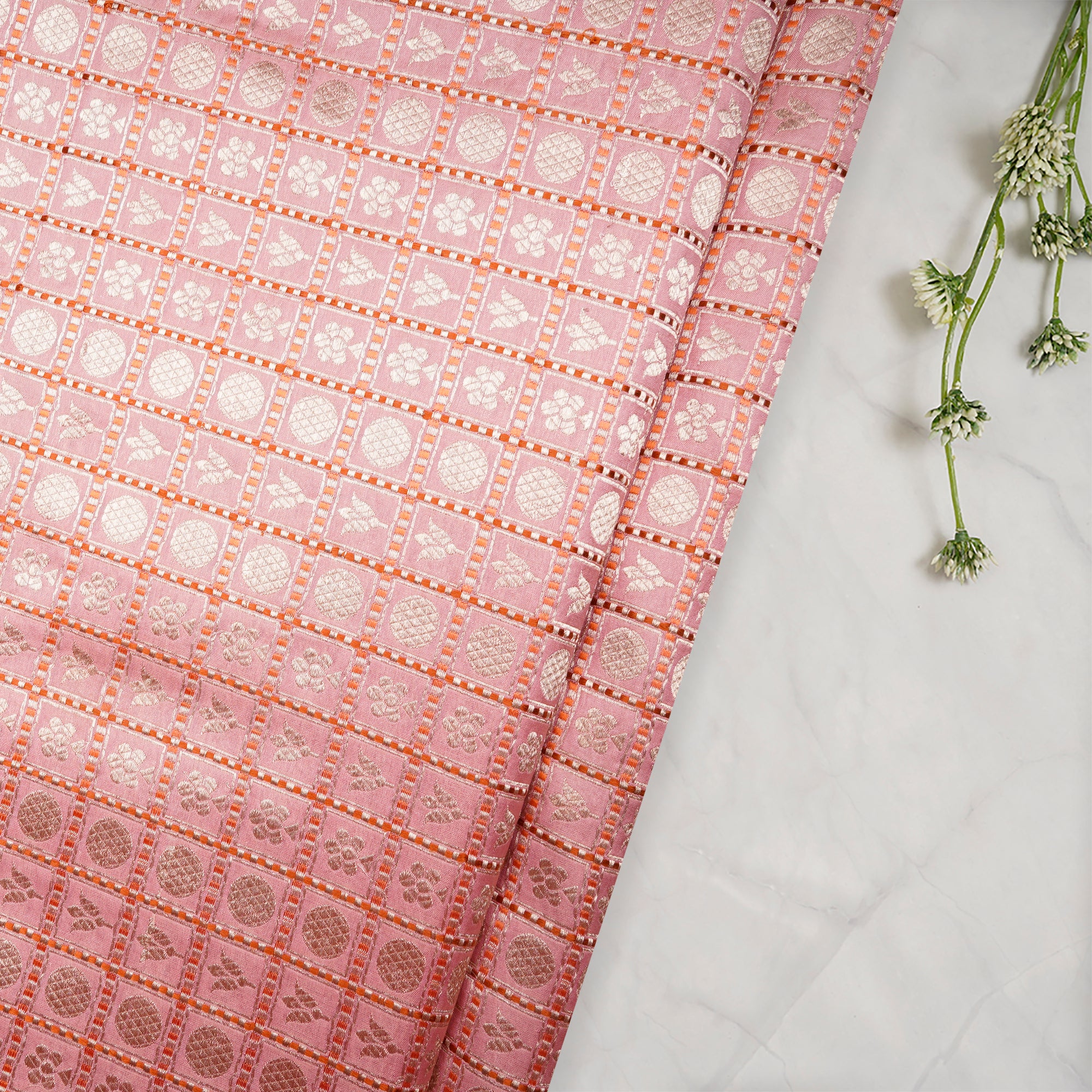 Baby Pink Handwoven Premium Banarasi Meenakari Brocade Silk Fabric