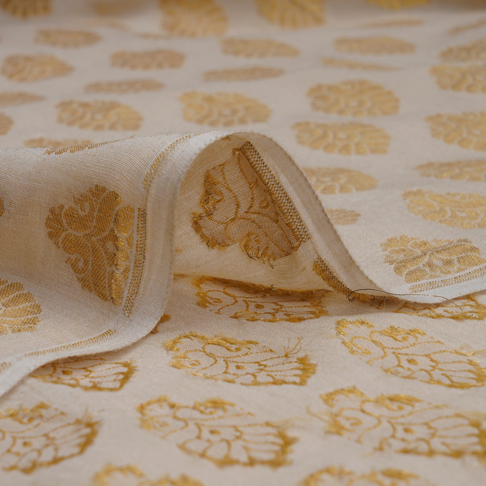 Beige-Golden Color Handwoven Muga Zari Brocade Fabric