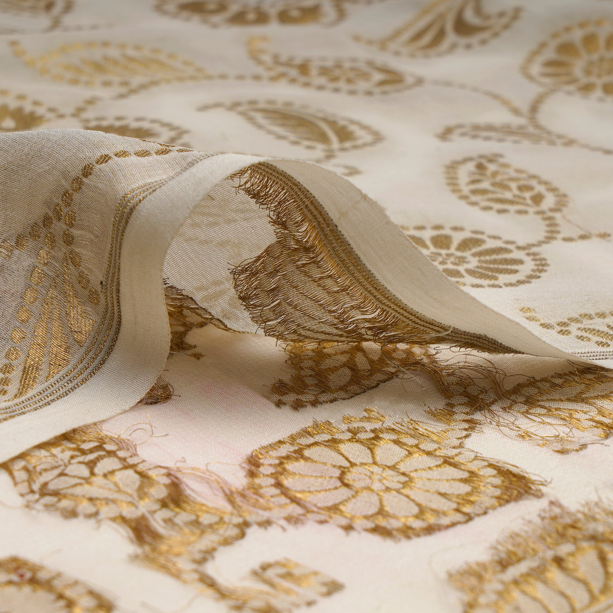 Off White All Over Pattern Handwoven Banarasi Brocade Georgette Zari Fabric
