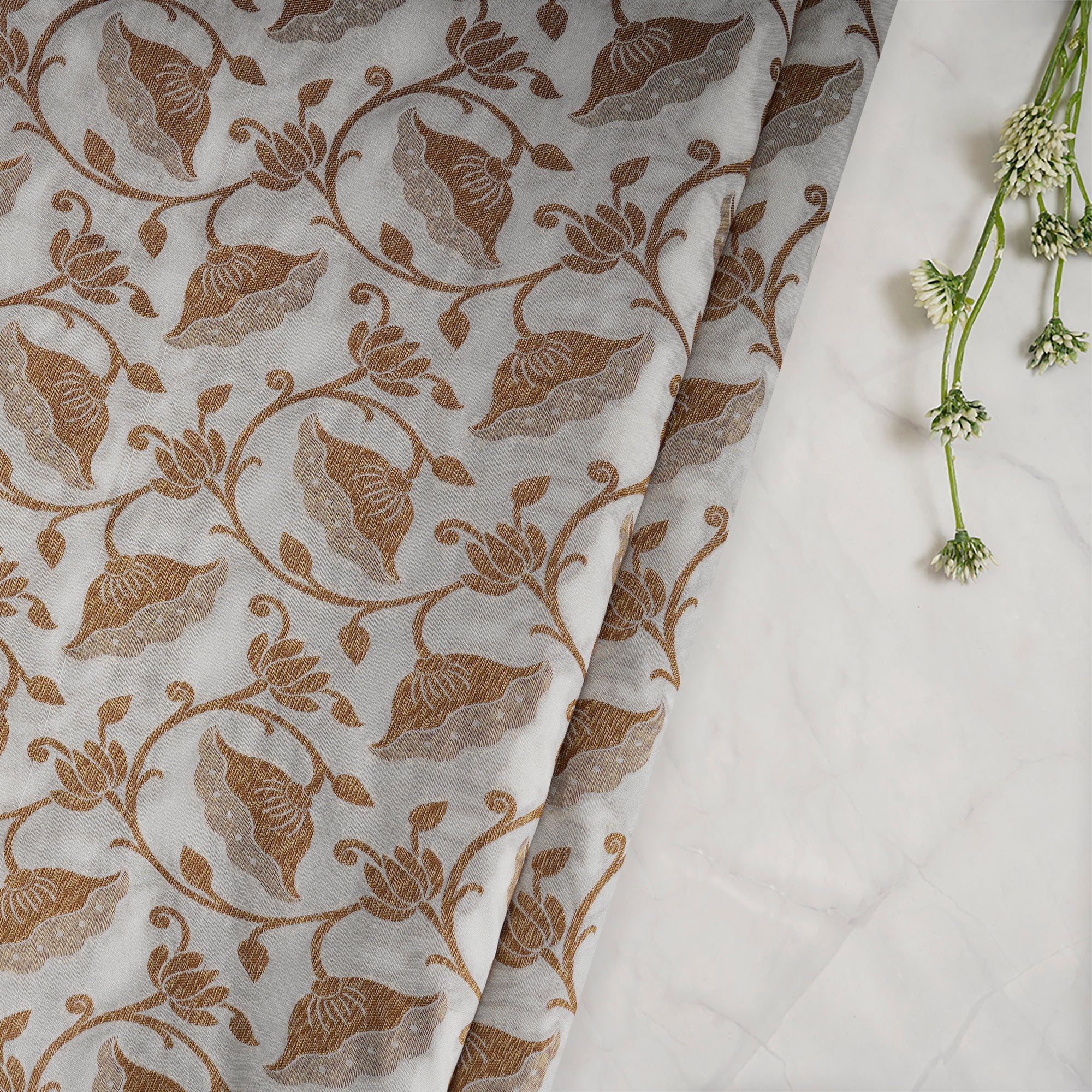 White-Golden Color Handwoven Brocade Fabric
