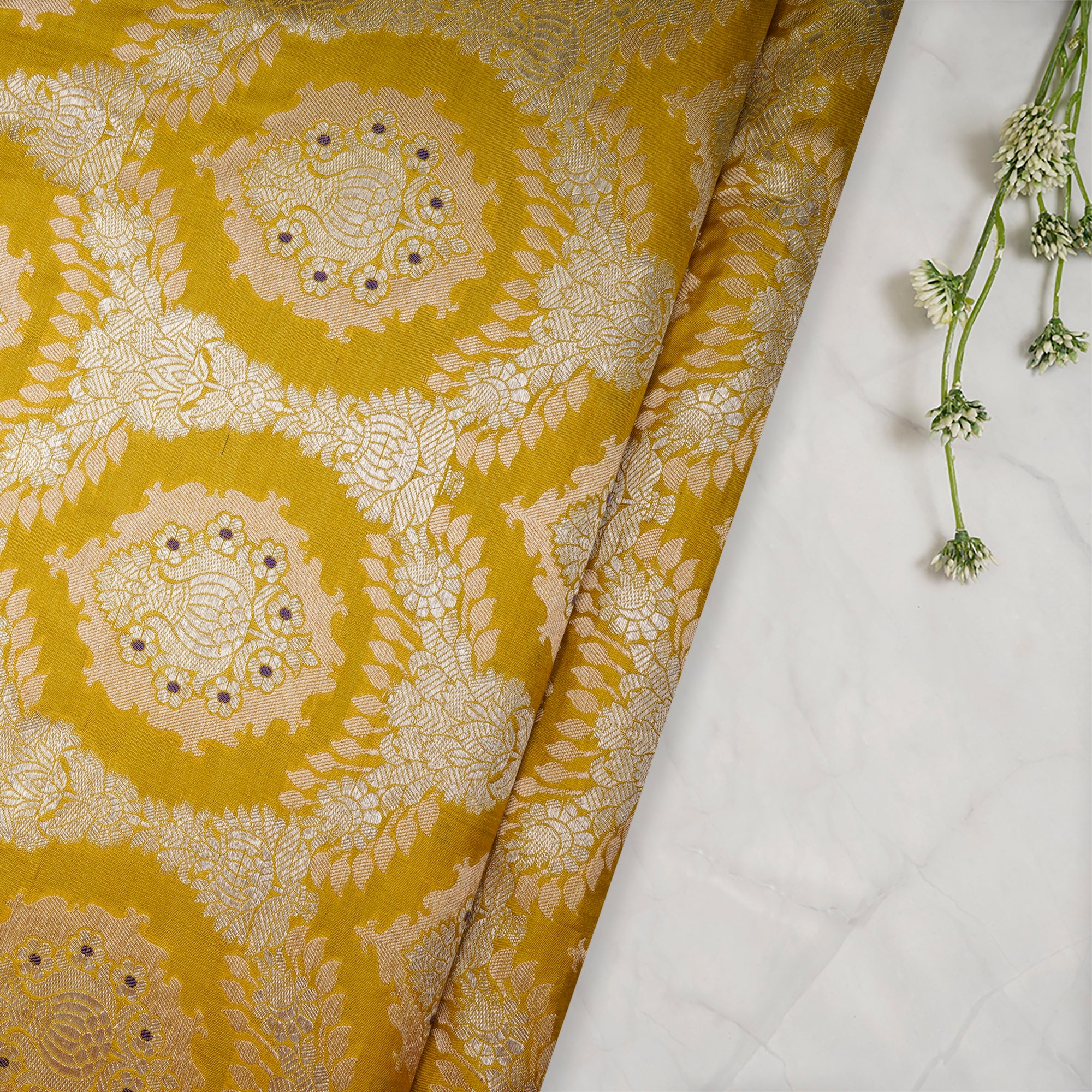 Misted Marigold Handwoven Premium Banarasi Meenakari Brocade Silk Fabric