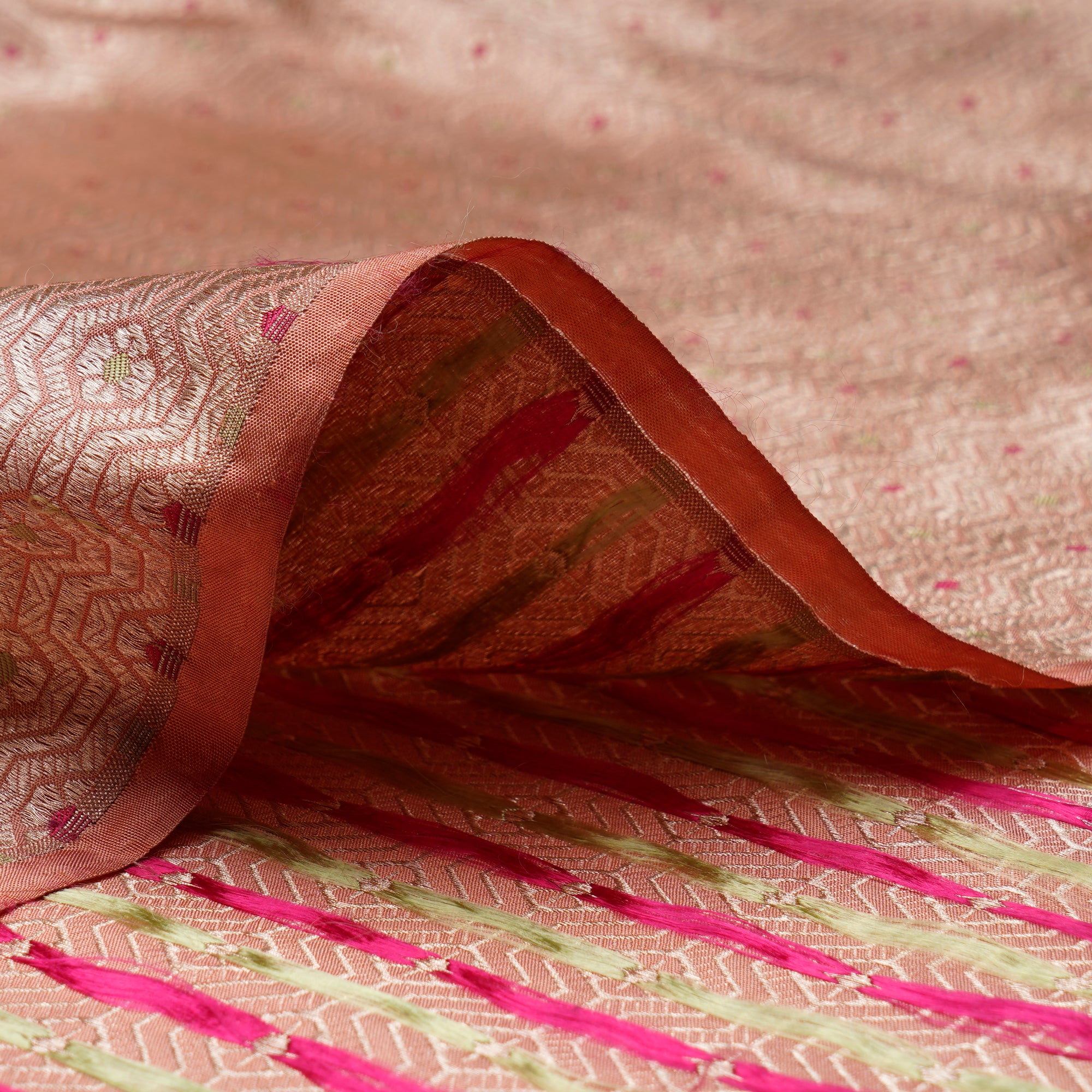 Peach Handwoven Premium Banarasi Meenakari Brocade Silk Fabric