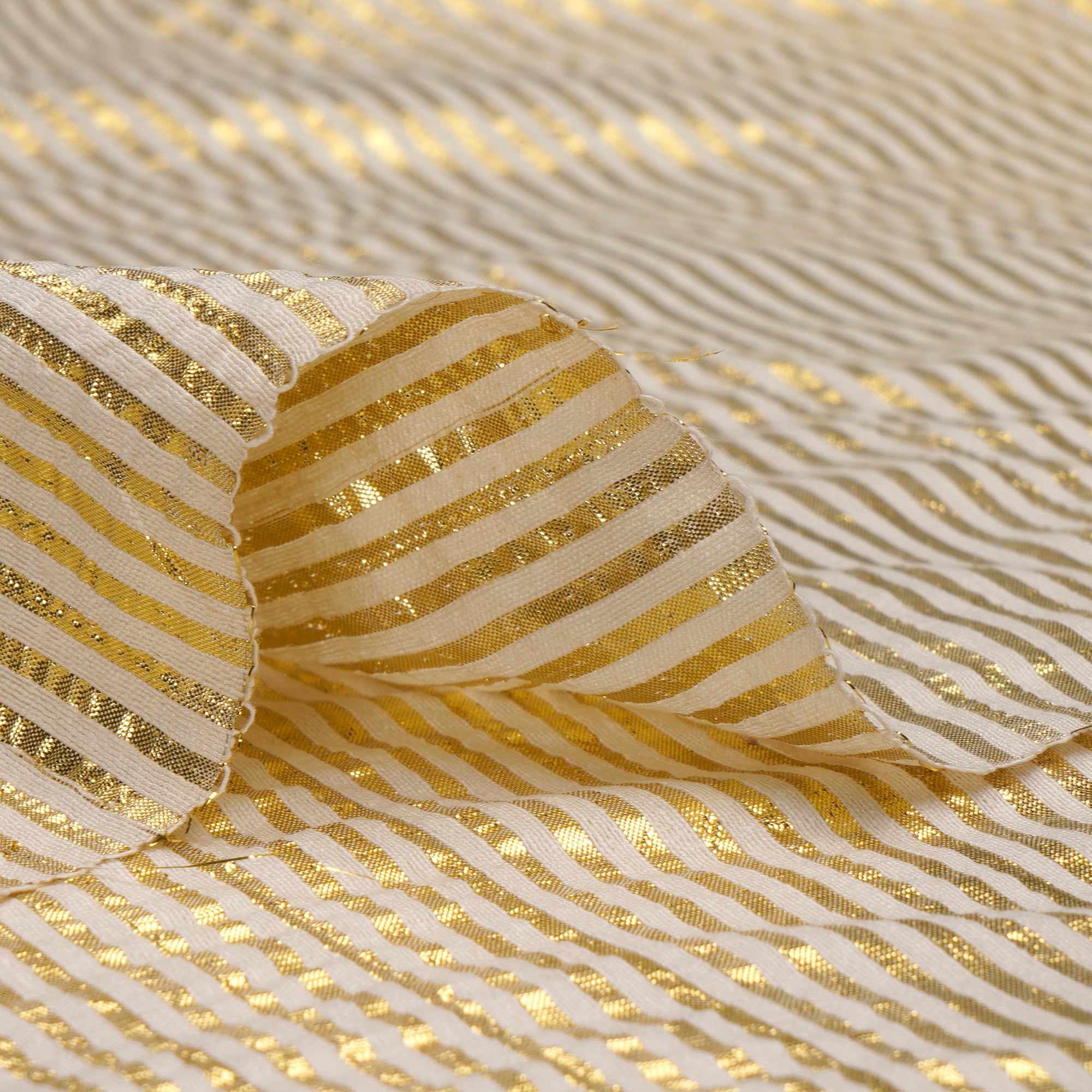 White-Gold Stripe Pattern Handwoven Noile Silk Lurex Fabric