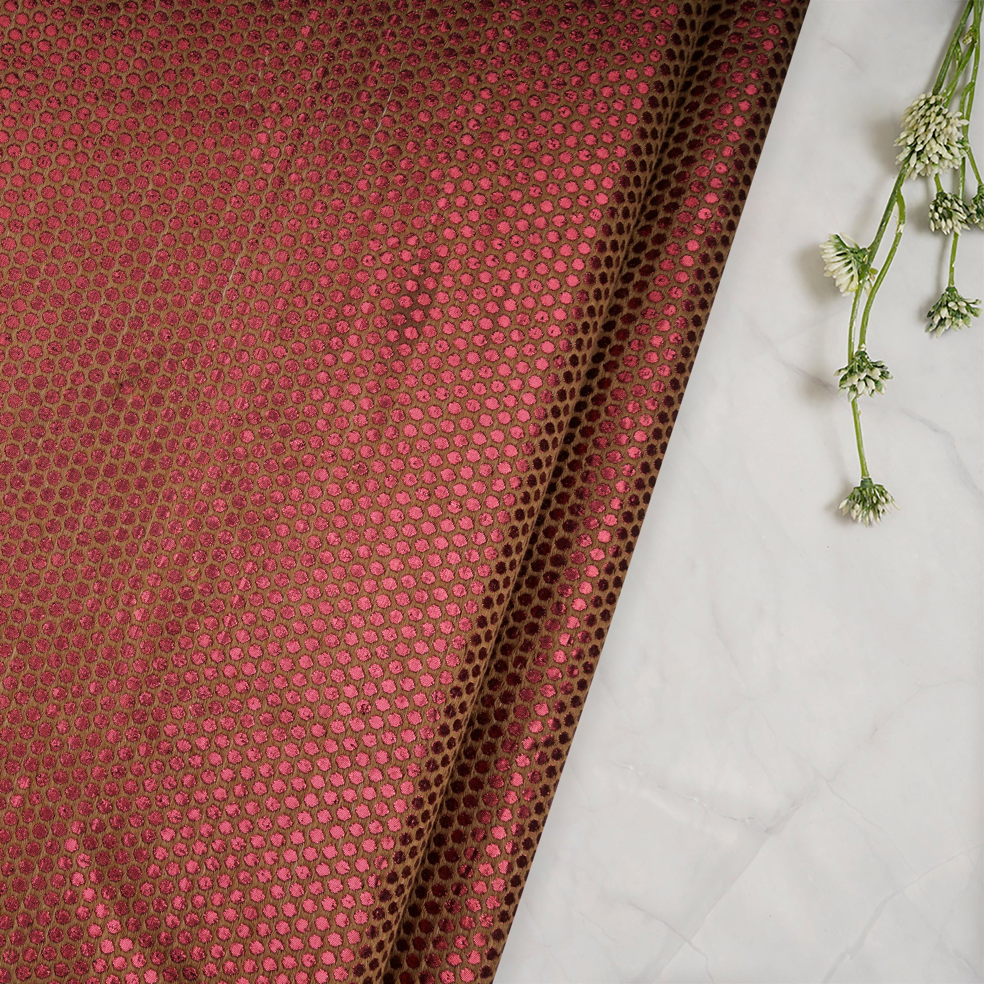 Metallic Red-Olive Green Color Jacquard Silk Fabric