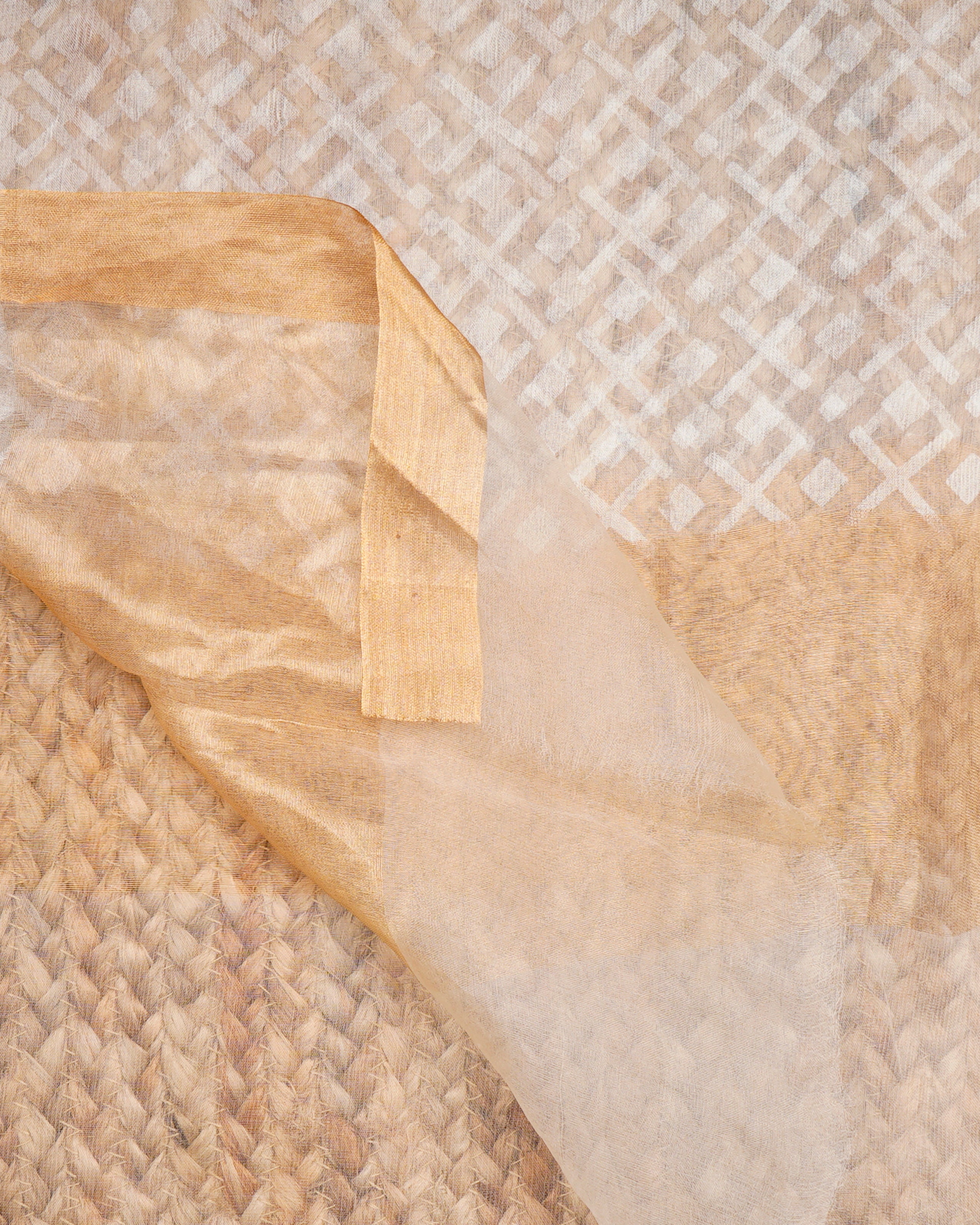White Dyeable Geometric Pattern Self Printed Organza Silk Dupatta with Gold Tissue Border