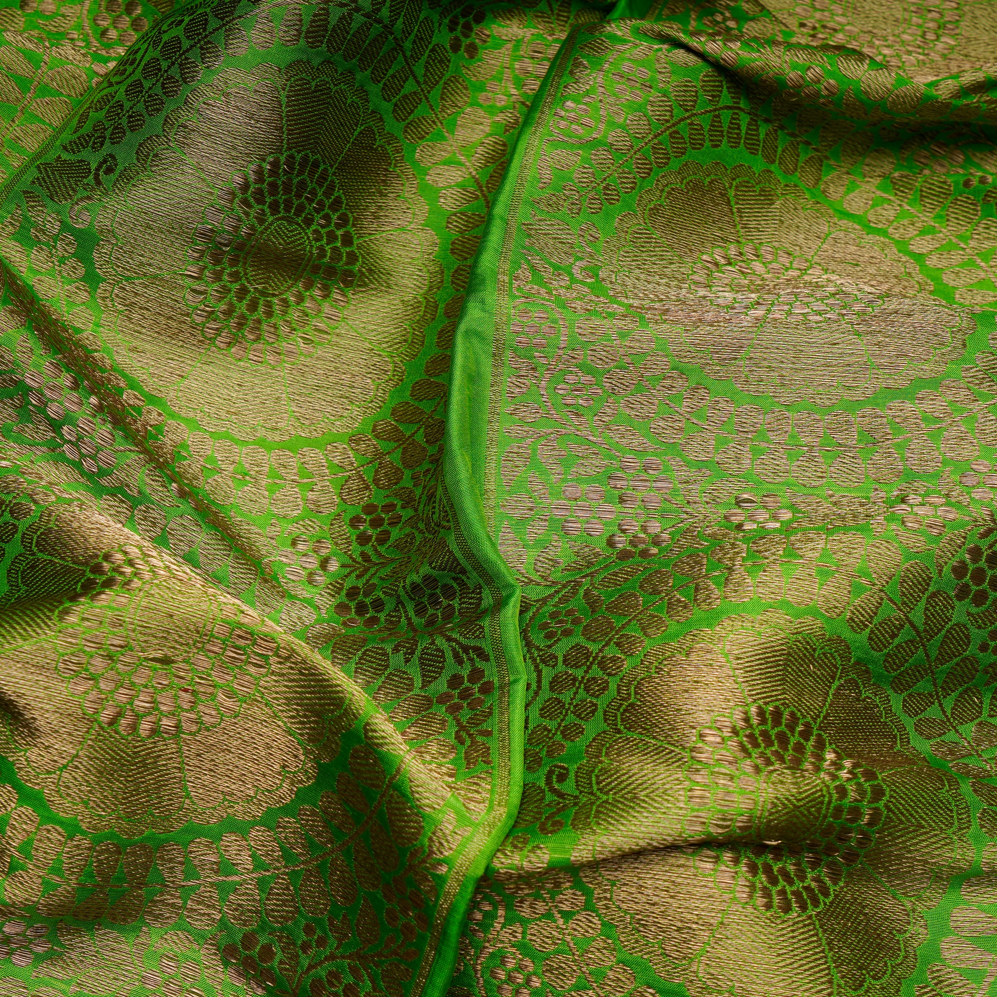 Parrot Green-Gold Stripe Pattern Handwoven Brocade Silk Fabric