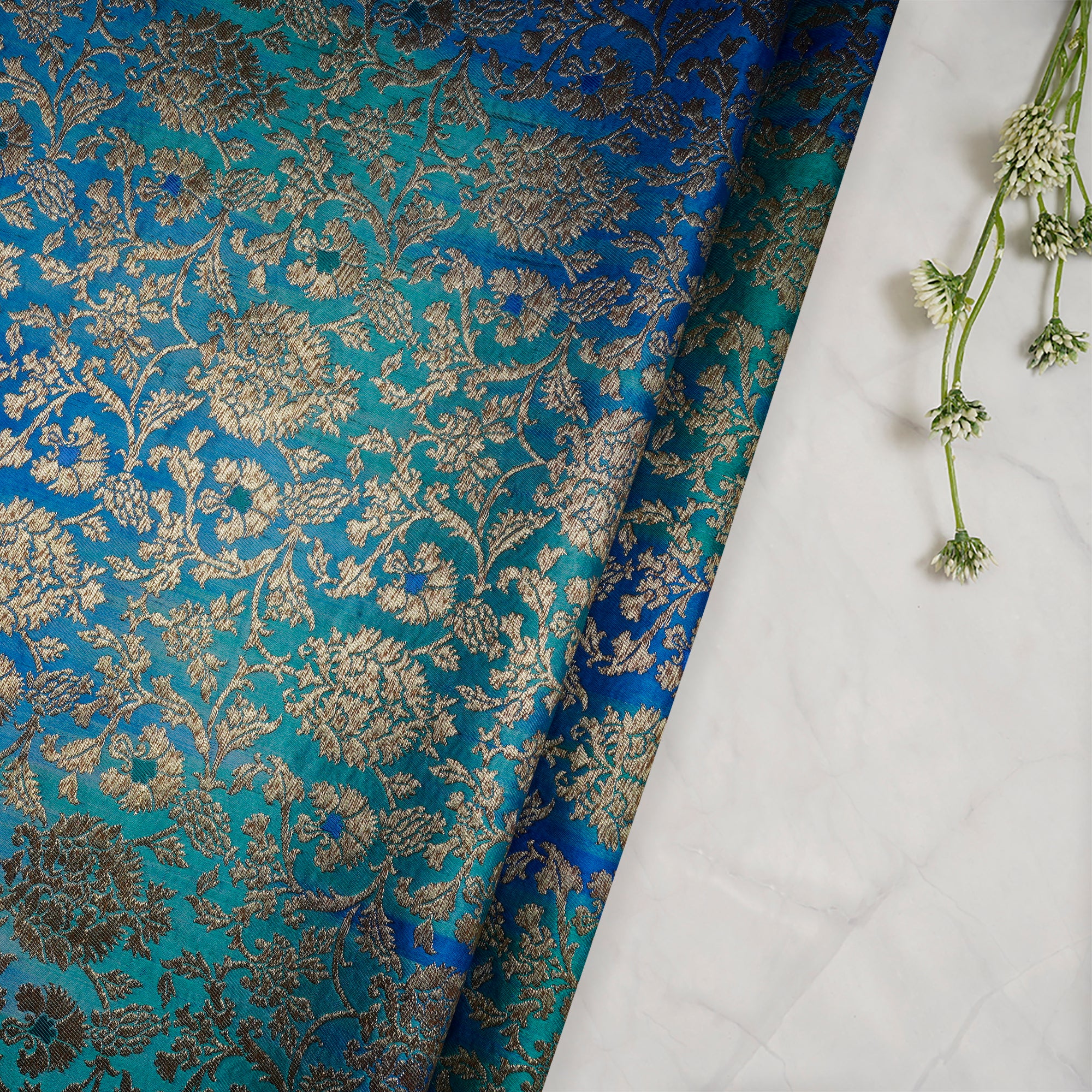 Sky Blue Handwoven Premium Banarasi Brocade Silk Fabric