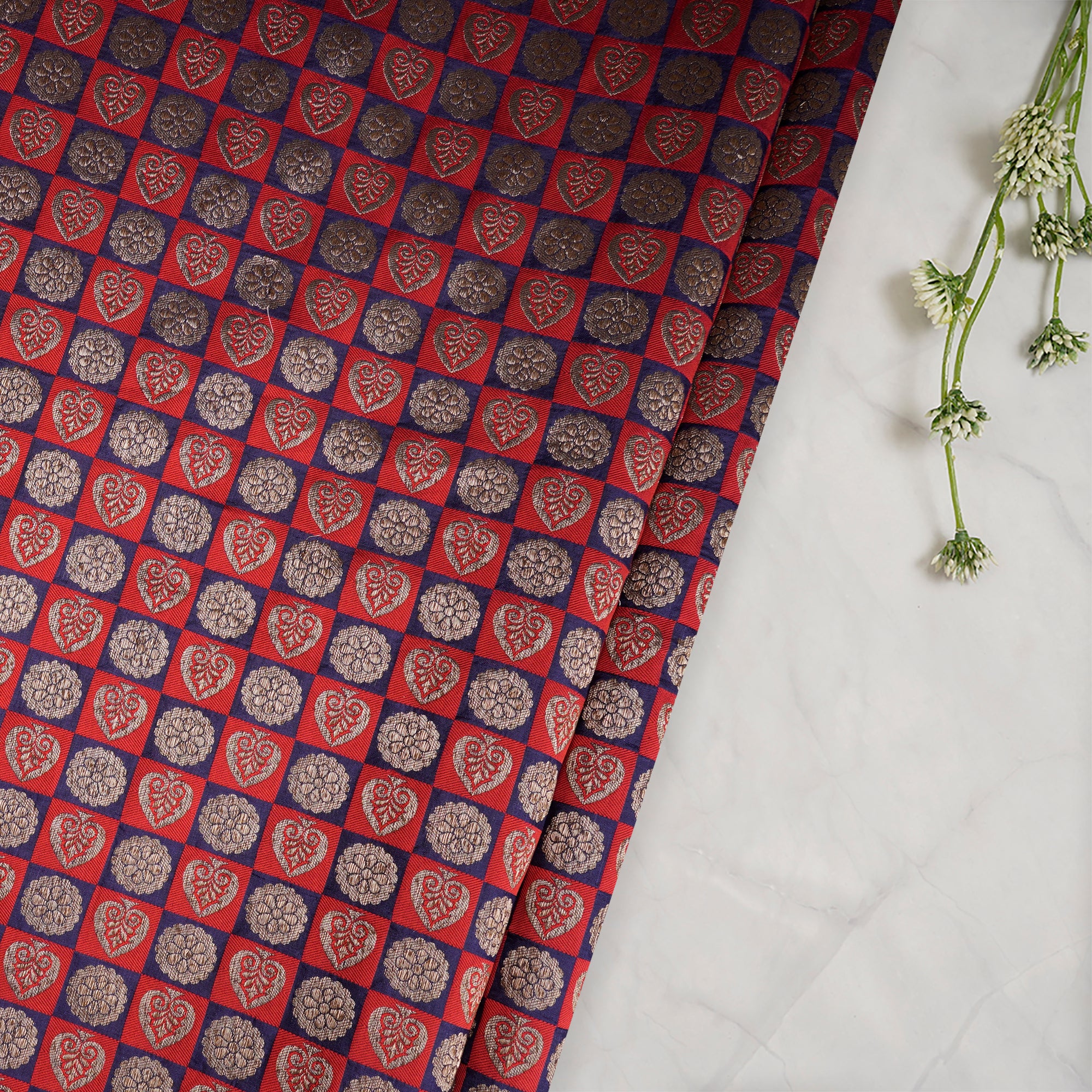Red-Dark Blue Color Handwoven Brocade Fabric