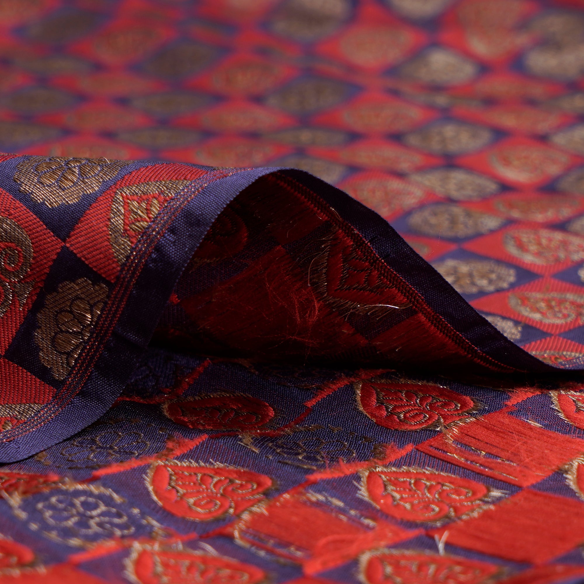 Red-Dark Blue Color Handwoven Brocade Fabric