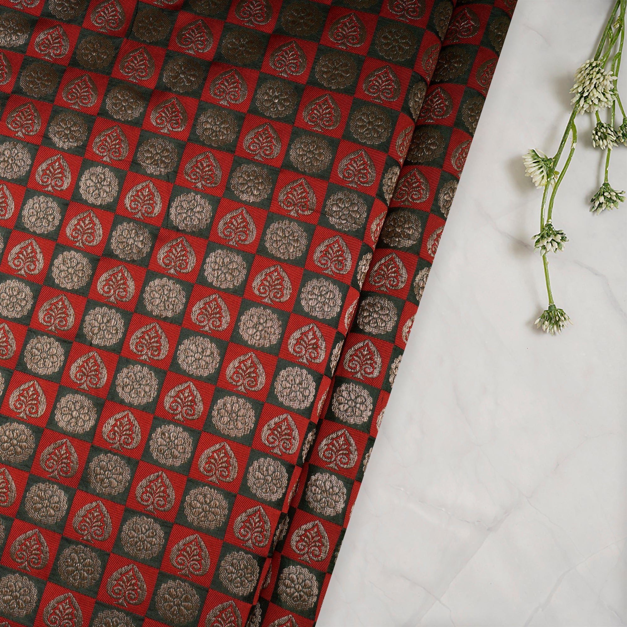 Red-Green Color Handwoven Brocade Fabric