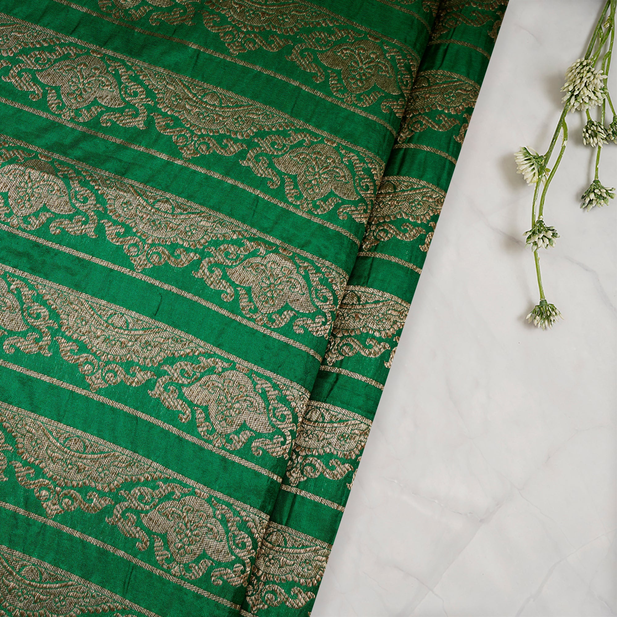 Dark Green Border Pattern Handwoven Brocade Silk Fabric