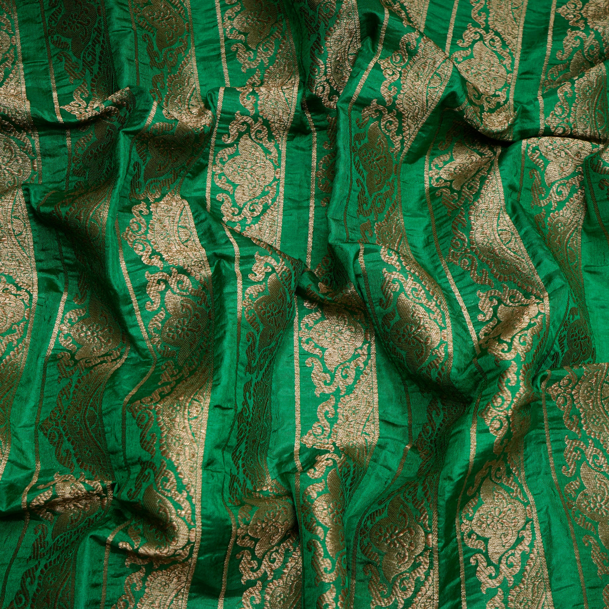Dark Green Border Pattern Handwoven Brocade Silk Fabric