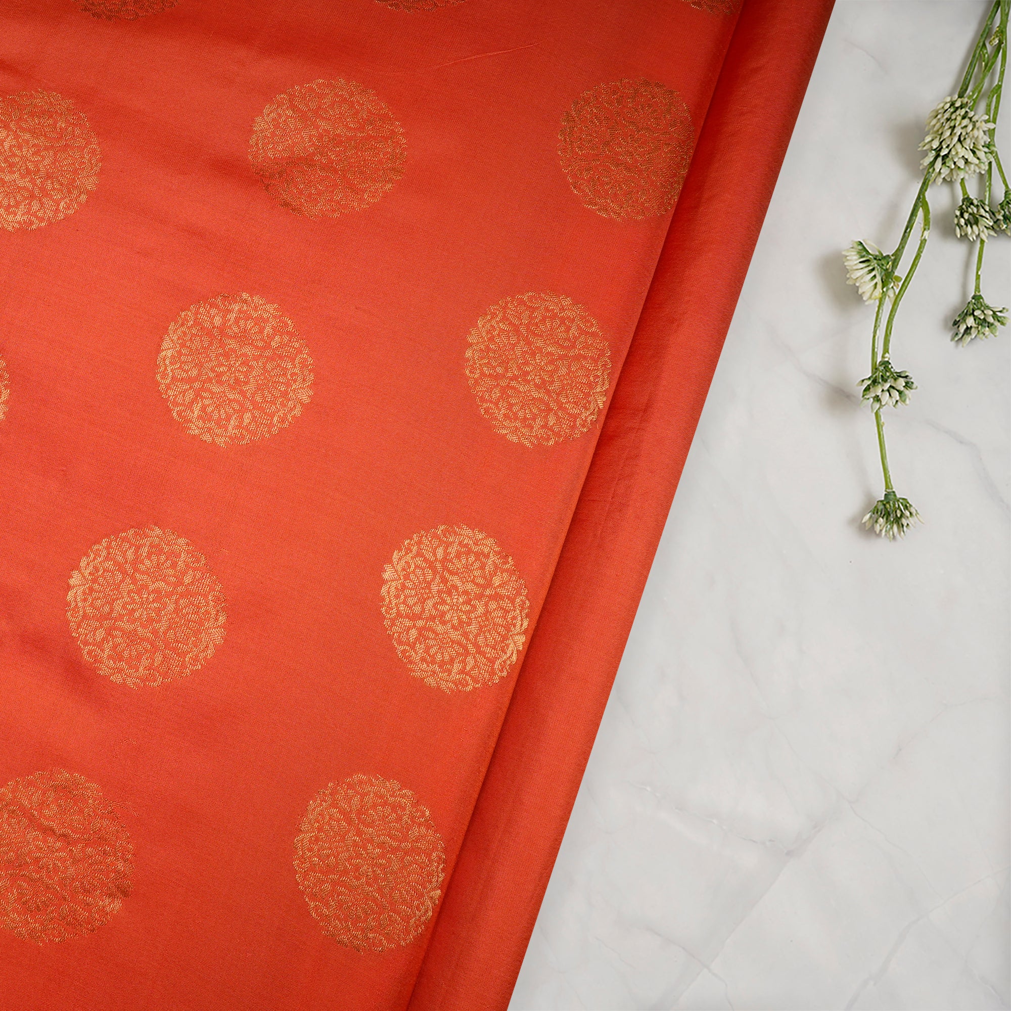 Orange Motif Pattern Handwoven Silk Jacquard Fabric