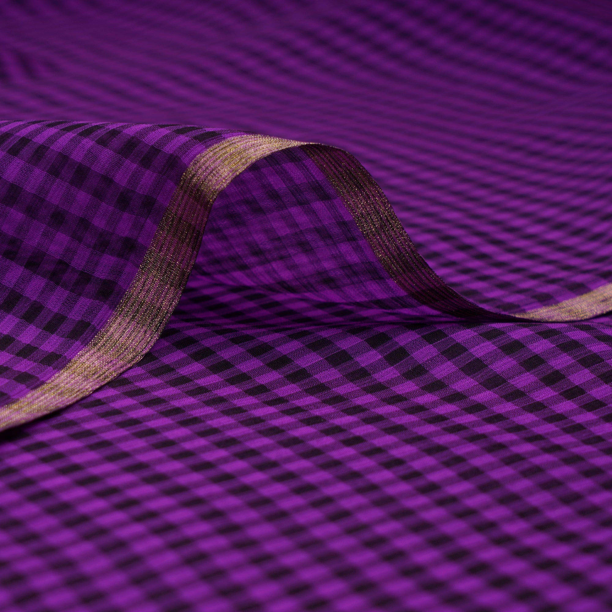 Purple-Black Check Pattern Chiffon Silk Fabric
