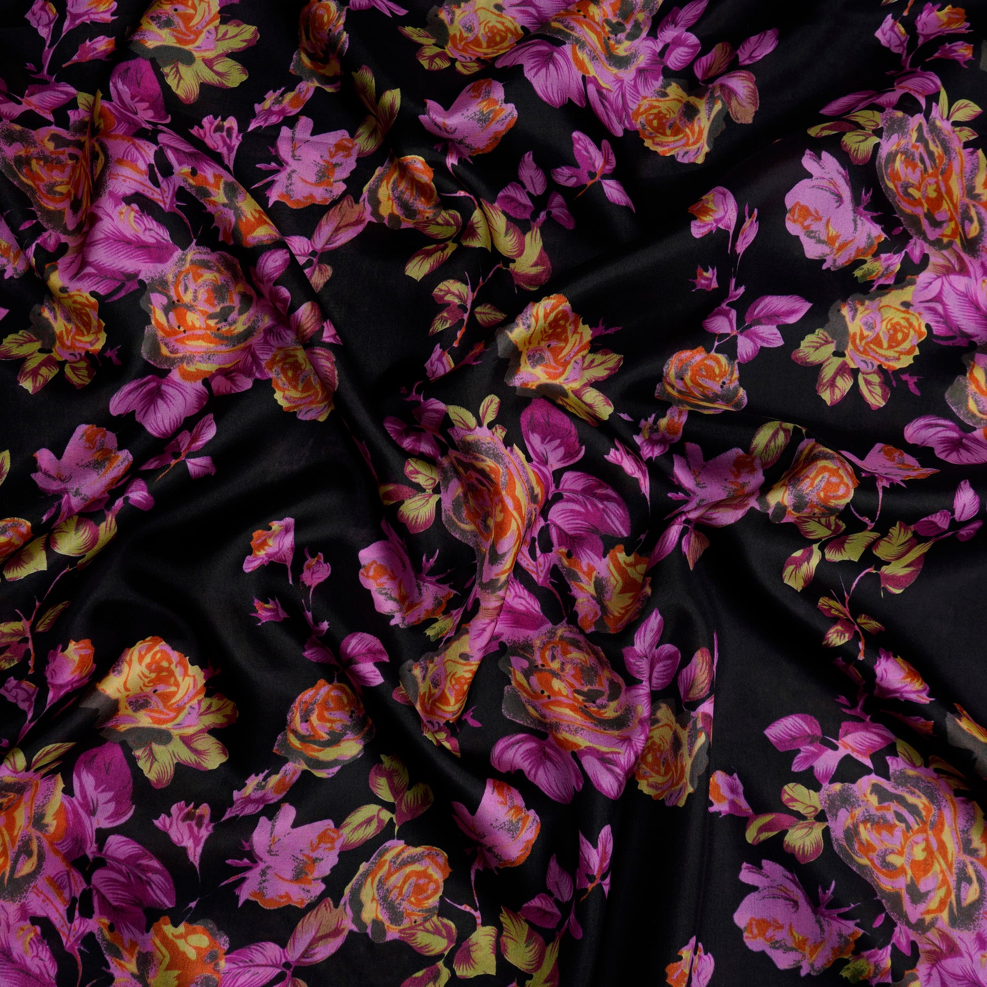 Pink-Black Color Printed Flat Chiffon Silk Fabric