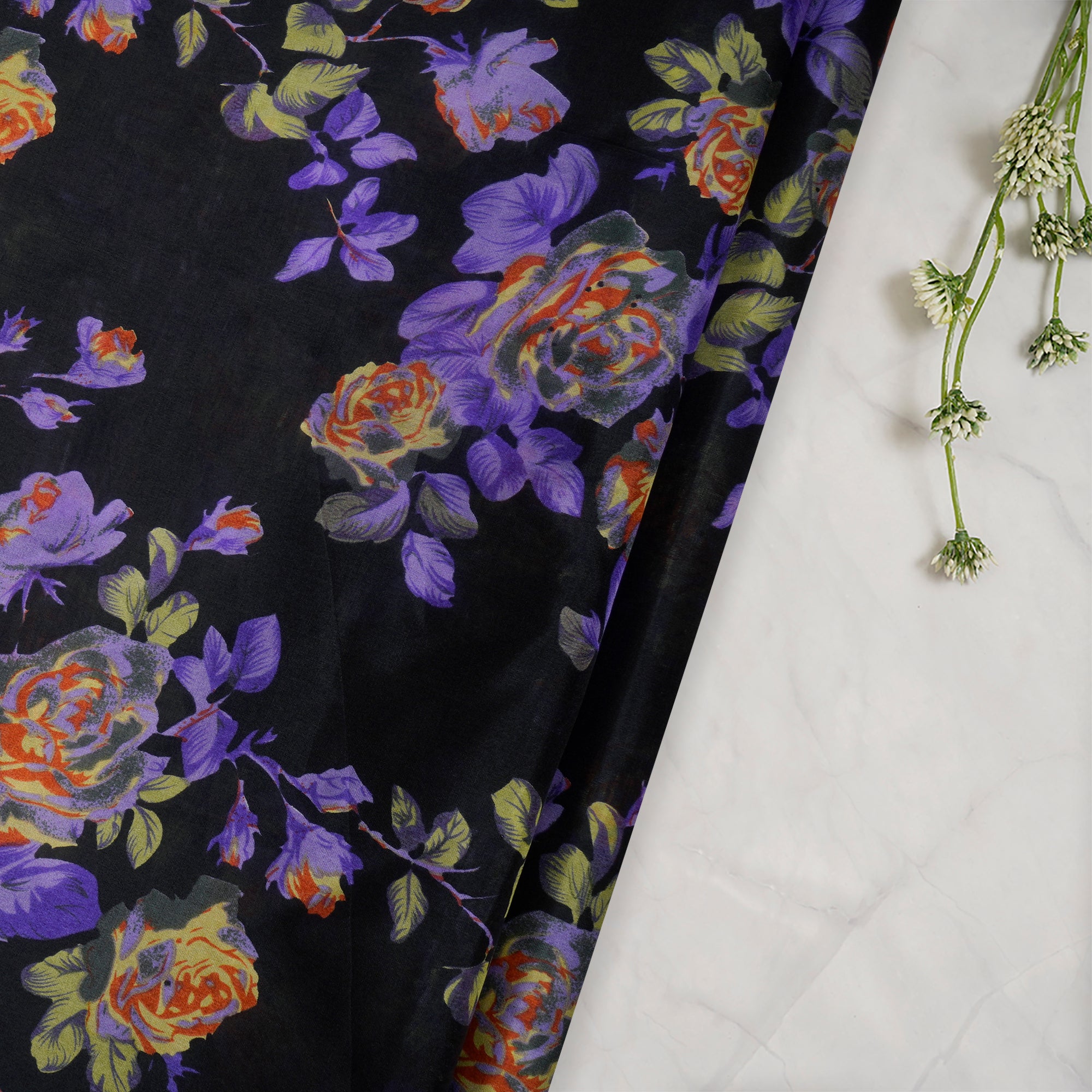 Purple-Black Color Printed Chiffon Silk Fabric