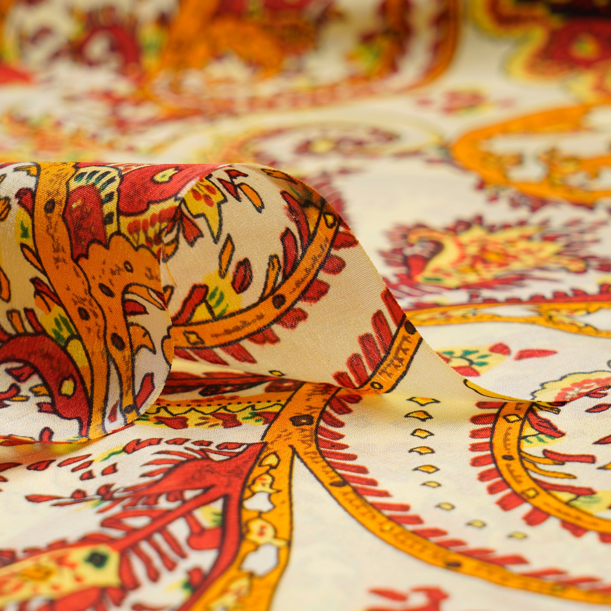 Yellow-Red Color Printed Crepe Silk Fabric