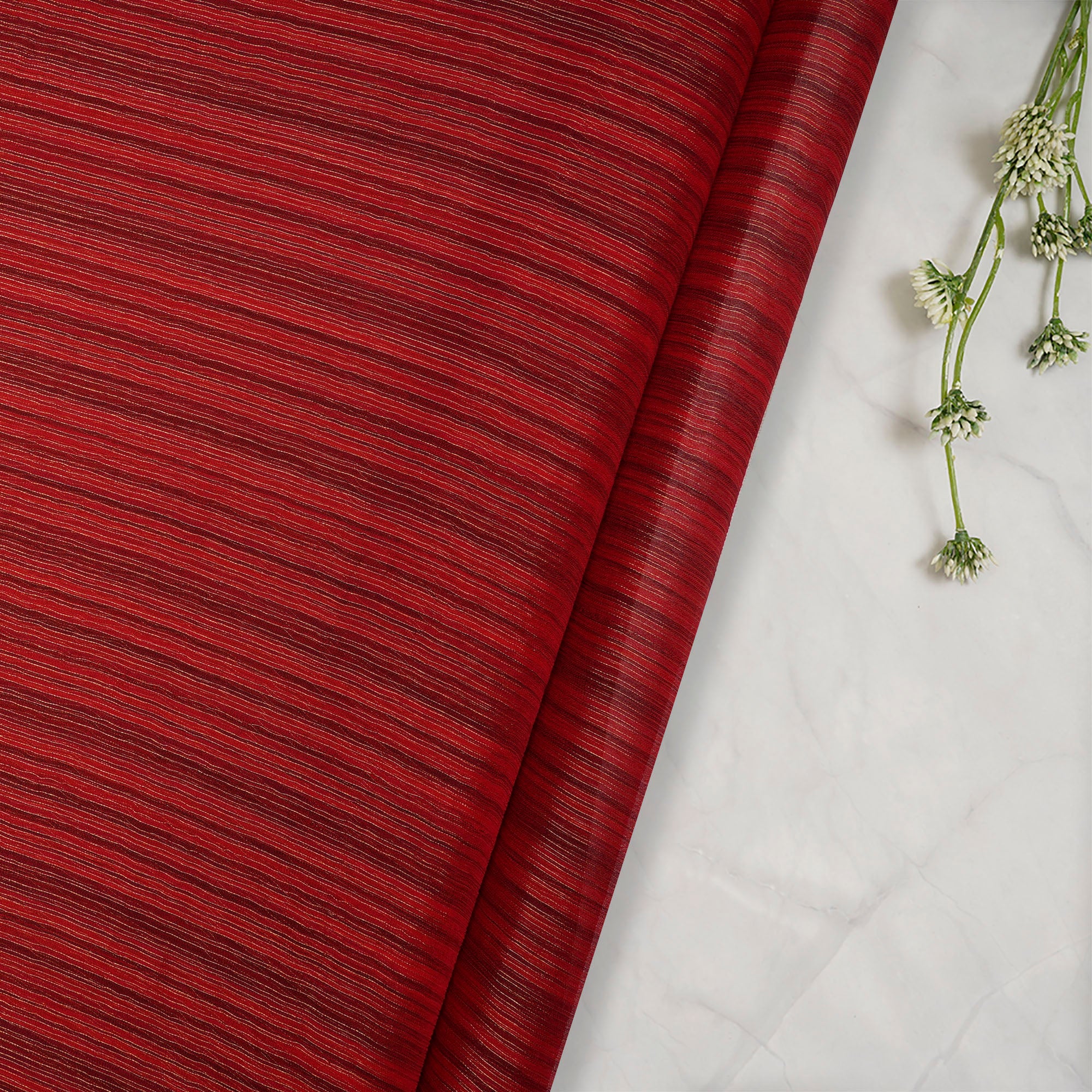 Red Color Yarn Dyed Chiffon Silk Fabric with Zari Stripes