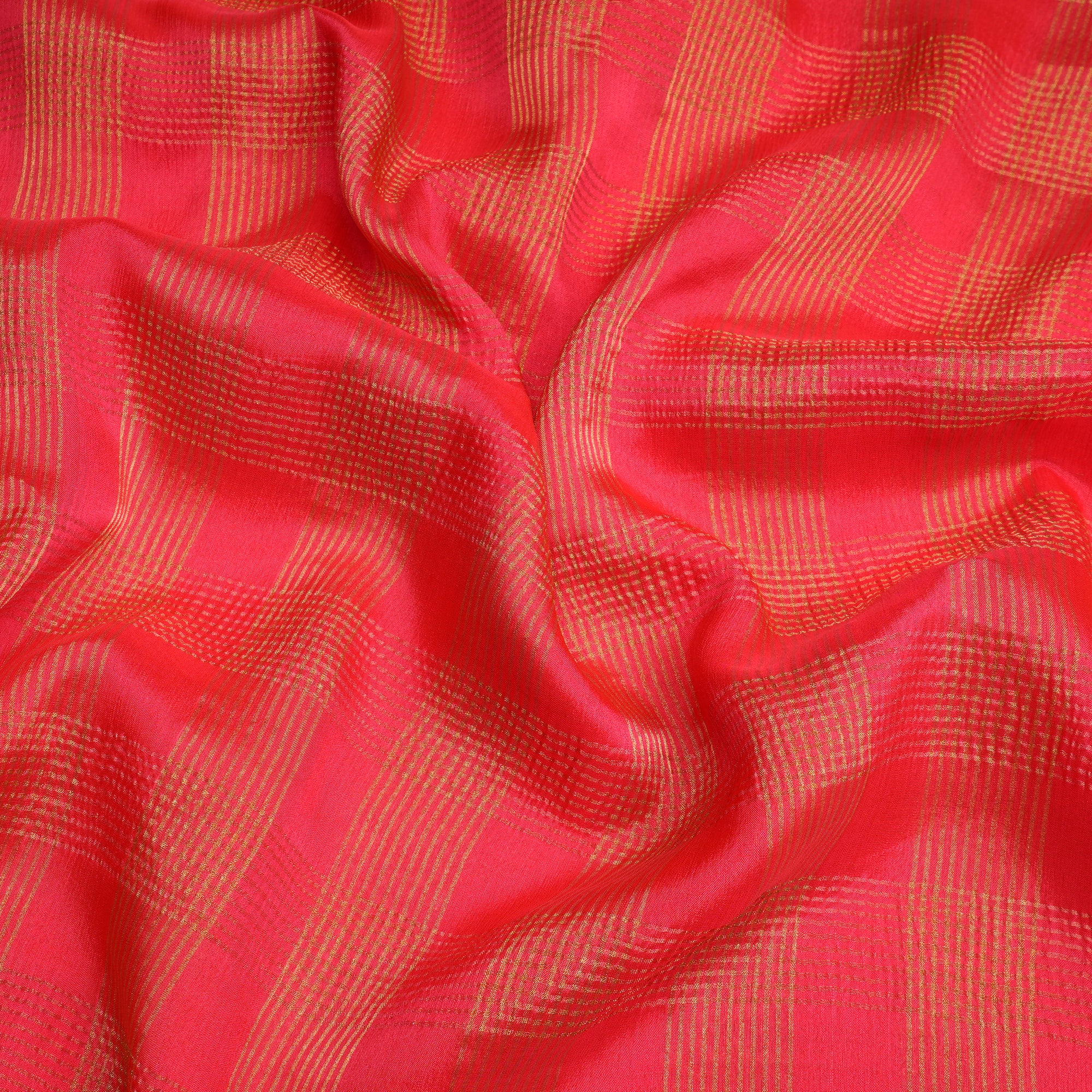 Peach-Gold Check Pattern Chiffon Silk Fabric