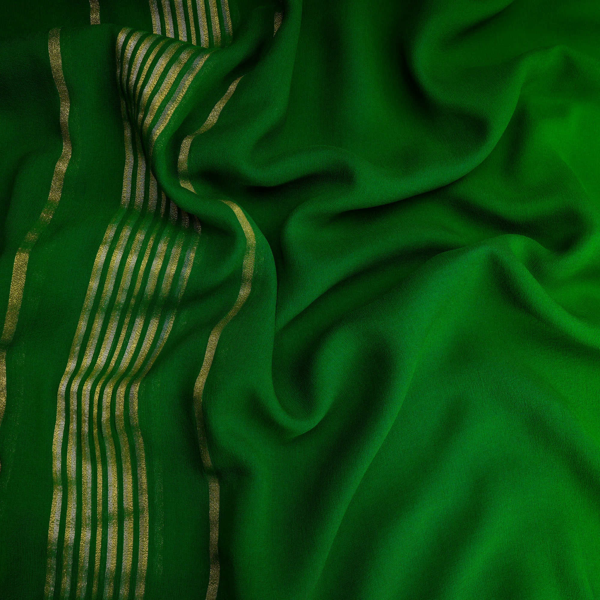 Green Ombre Dyed Georgette Silk Fabric with Zari Border