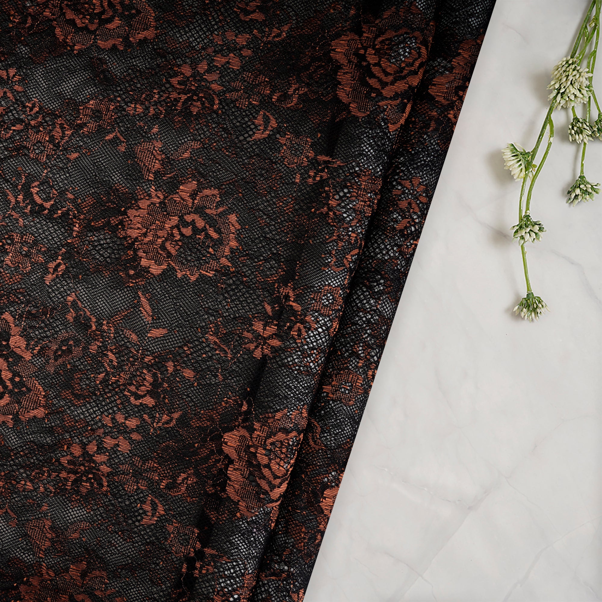 Black-Peach Color Embroidered Nylon Net Fabric