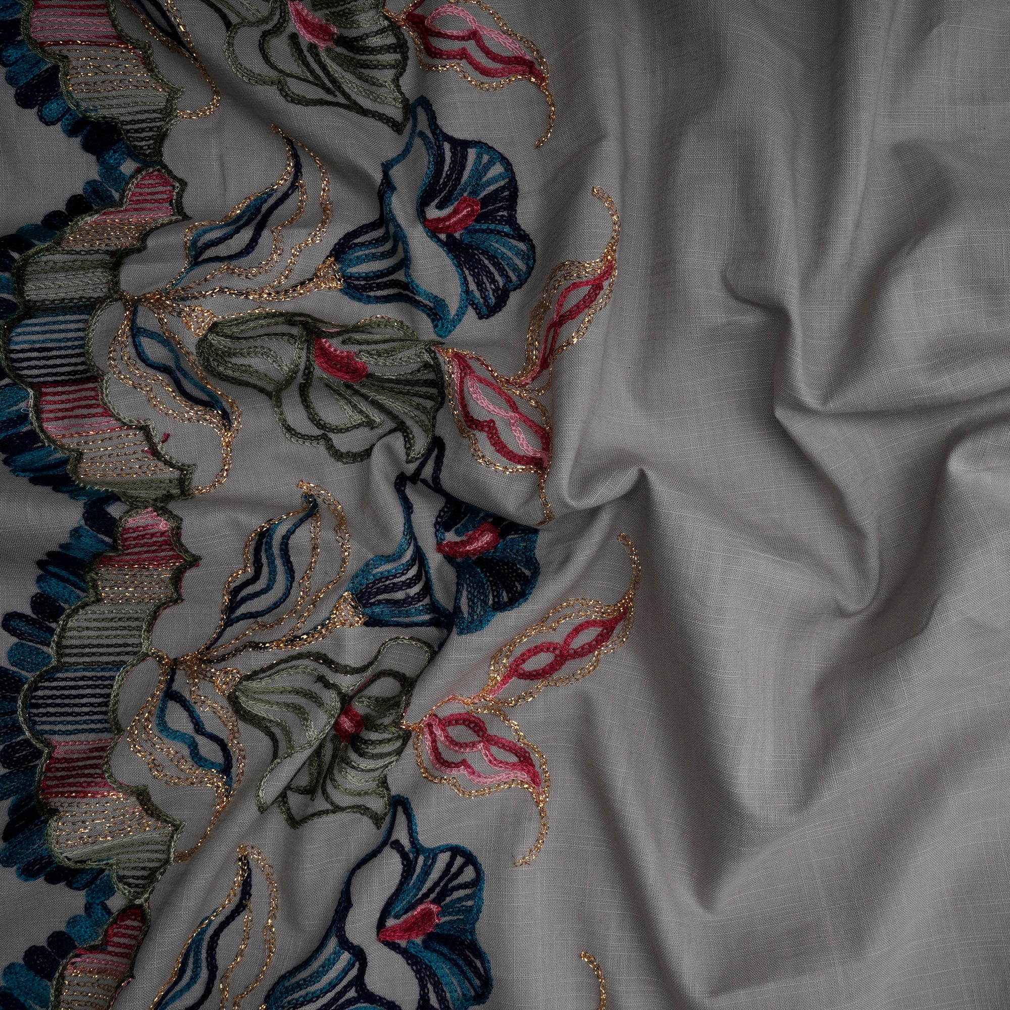 Multi Color Embroidered Cotton Slub Fabric