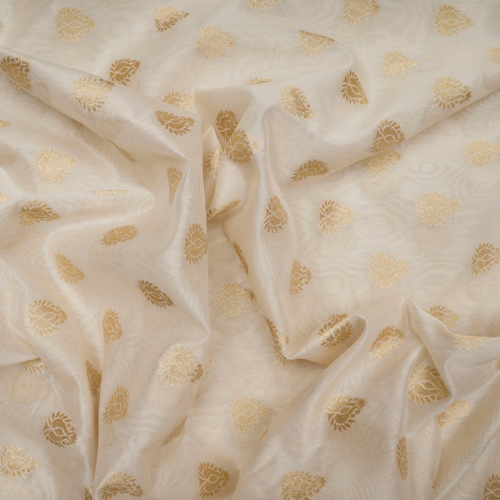 Off White-Golden Color Chanderi Silk Jacquard Fabric