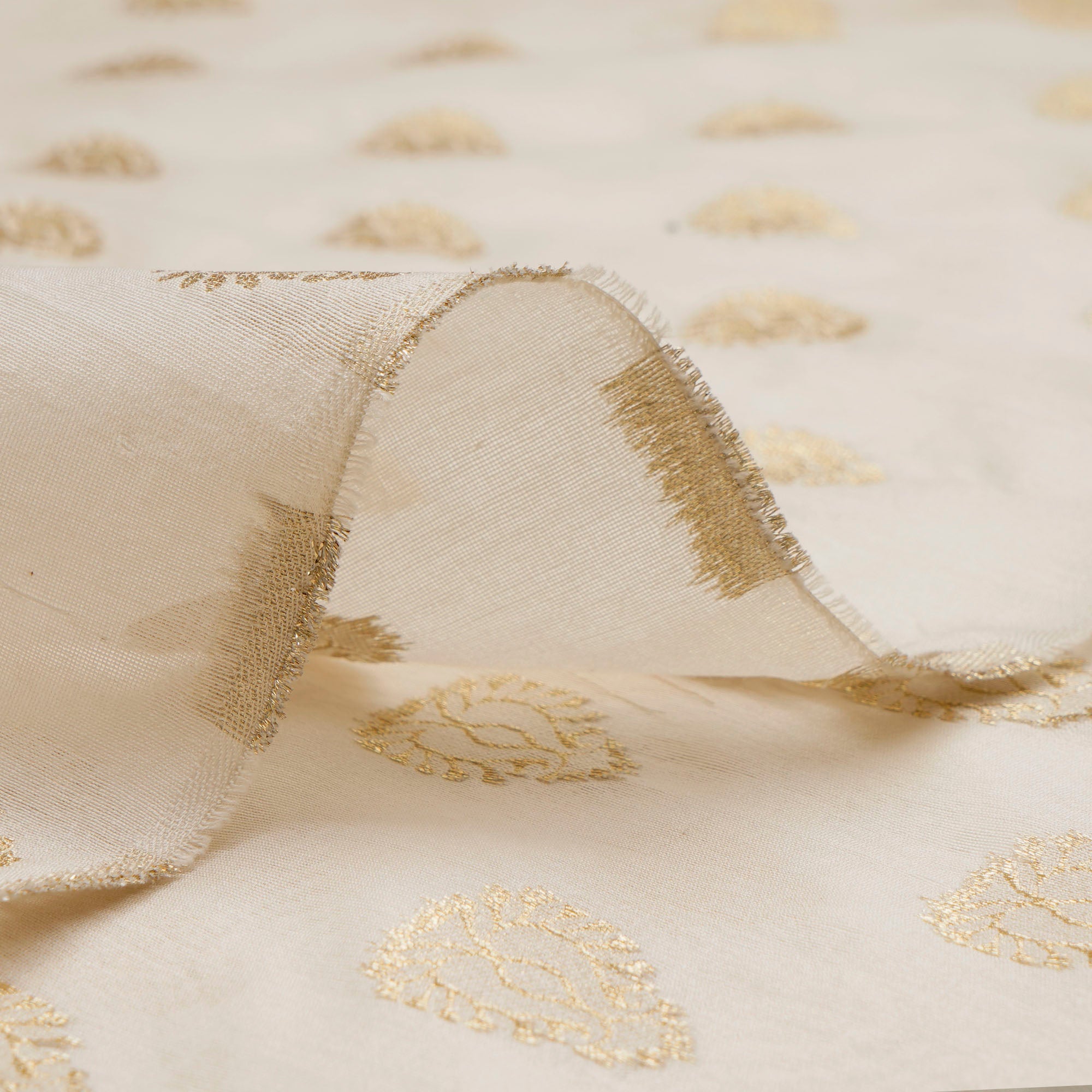 Off White-Golden Color Chanderi Silk Jacquard Fabric