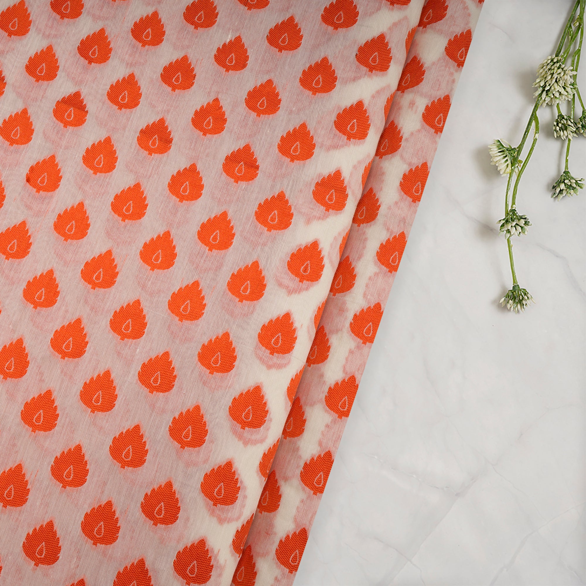 White-Orange All Over Patttern Chanderi Jacquard Fabric