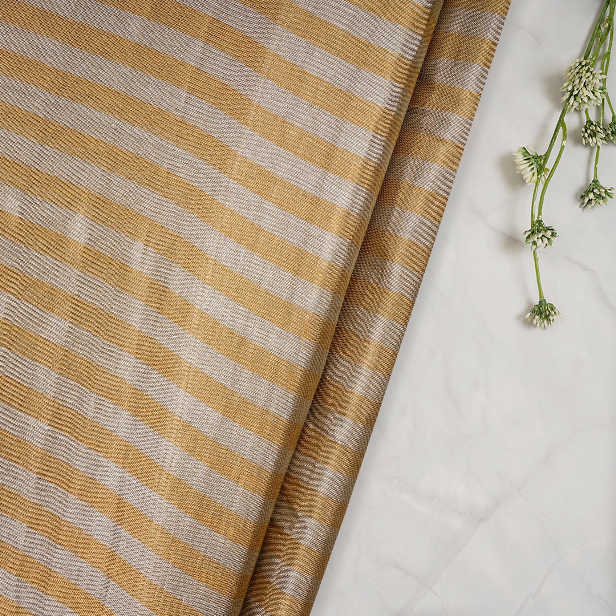 Silver-Golden Stripe Pattern Handwoven Heavy Pure Tissue Fabric