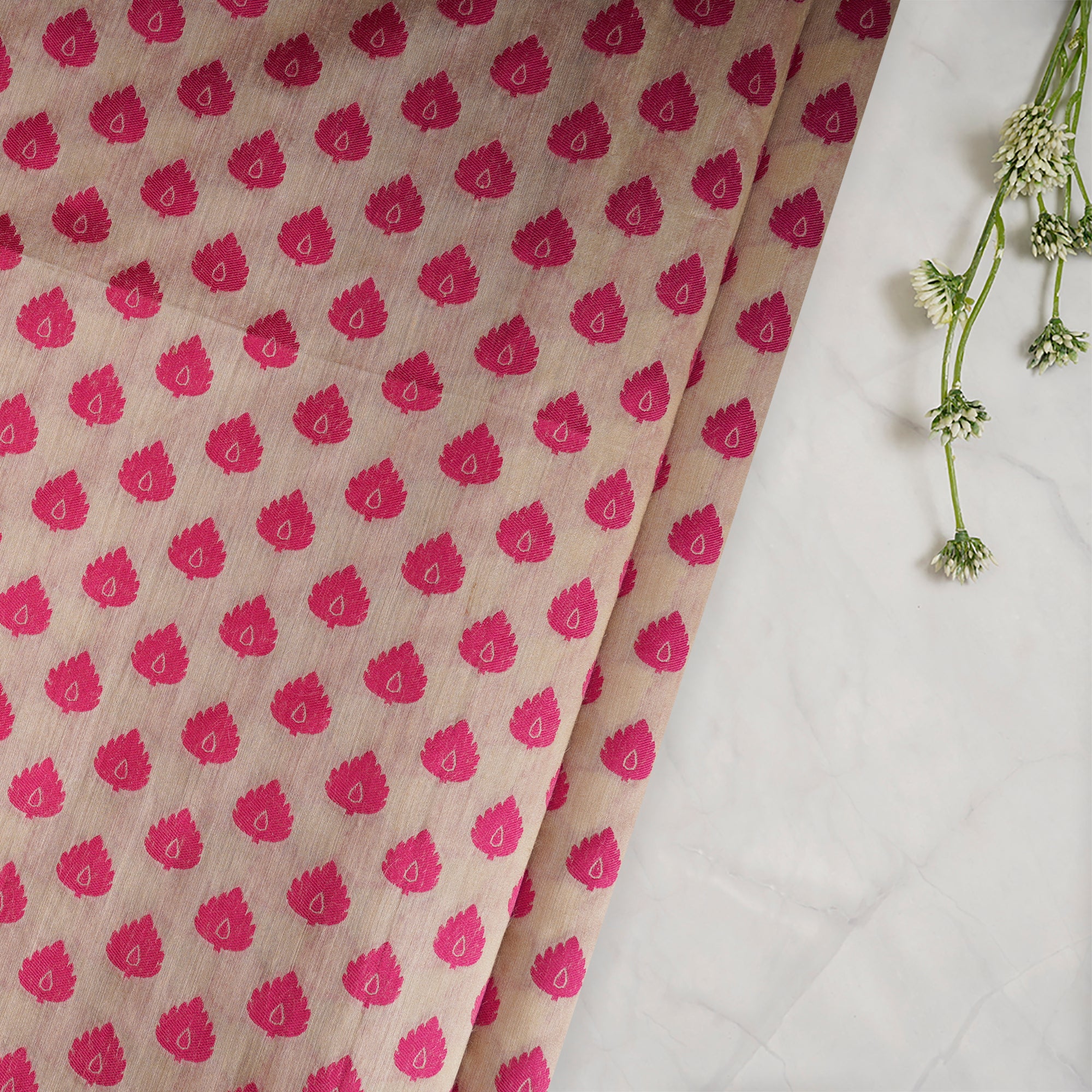 Beige-Pink Color Muga Silk Jacquard Fabric