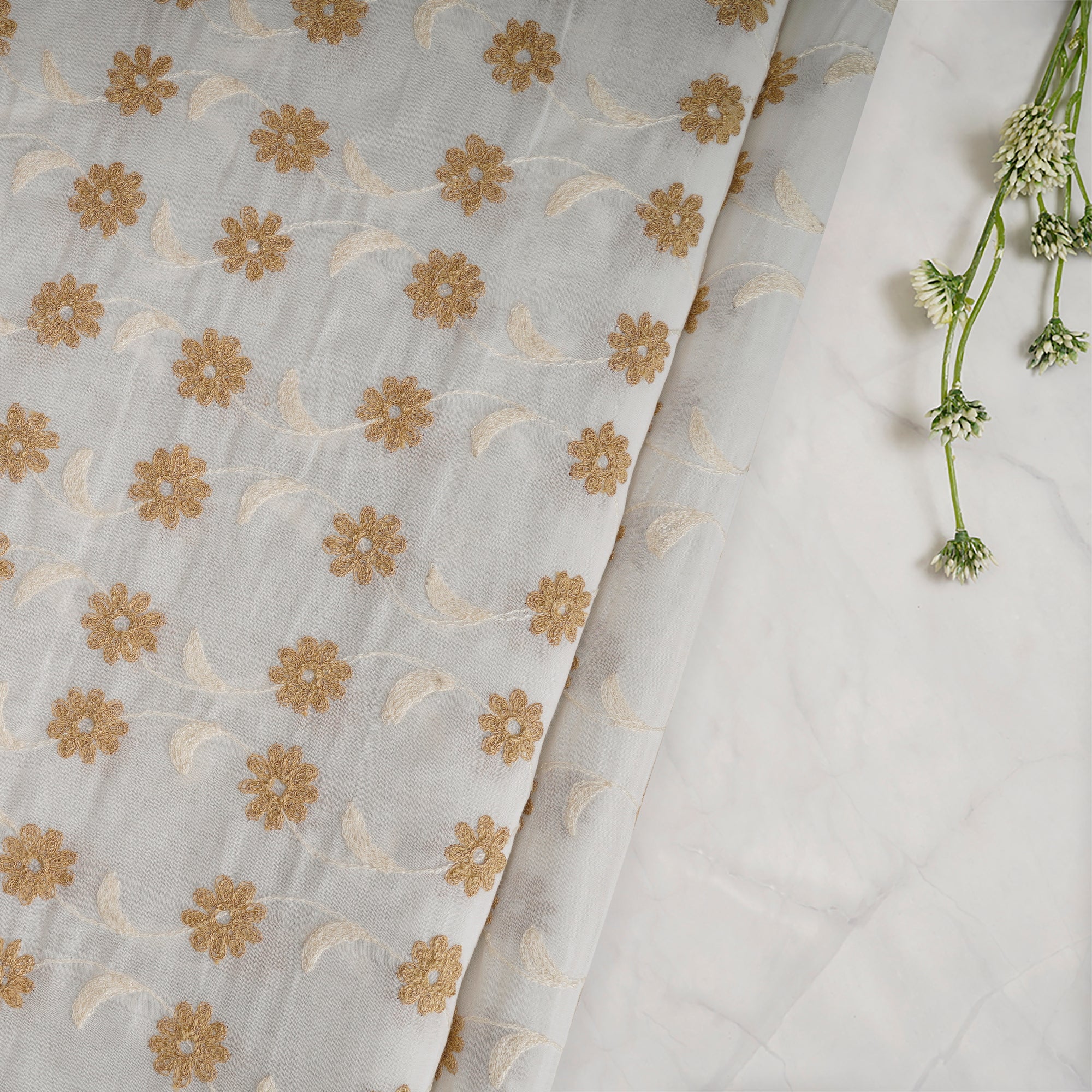 White-Golden Color Embroidered Cotton Voile Fabric