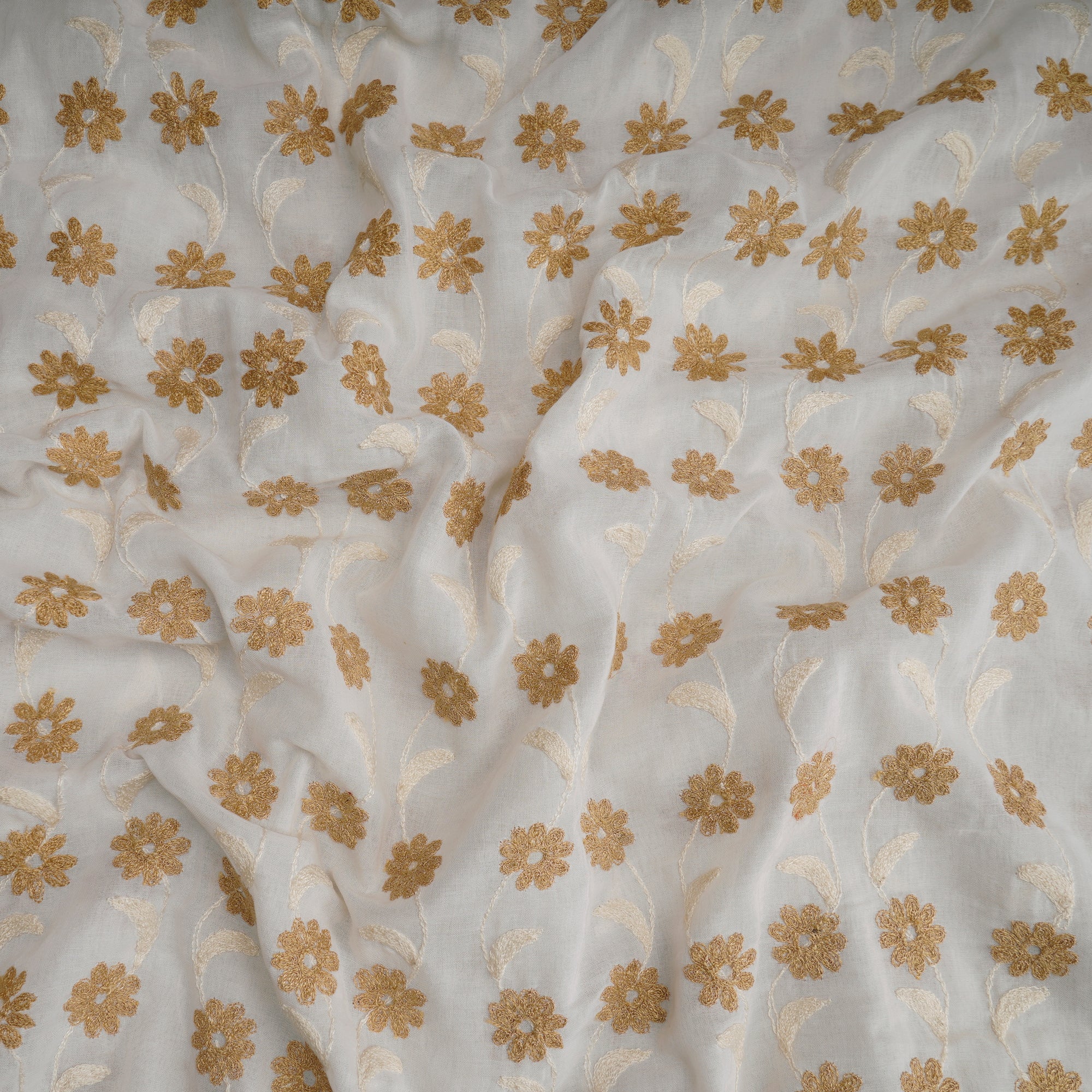 White-Golden Color Embroidered Cotton Voile Fabric