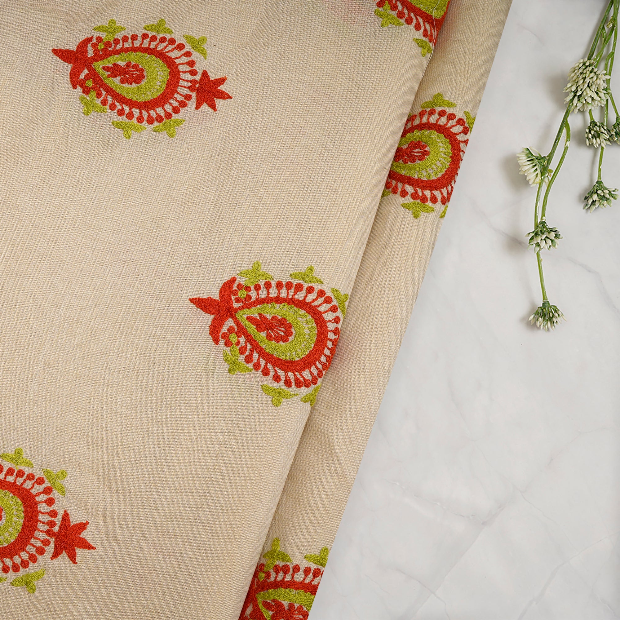 Cream-Gold Motif Pattern Thread Embroidered Tissue Fabric