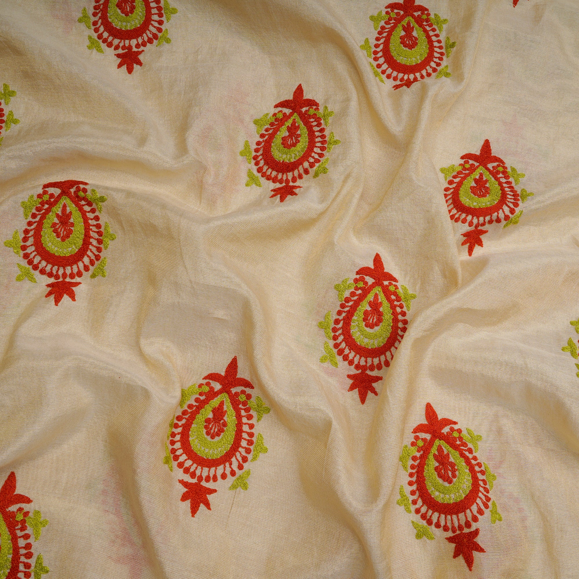 Cream-Gold Motif Pattern Thread Embroidered Tissue Fabric