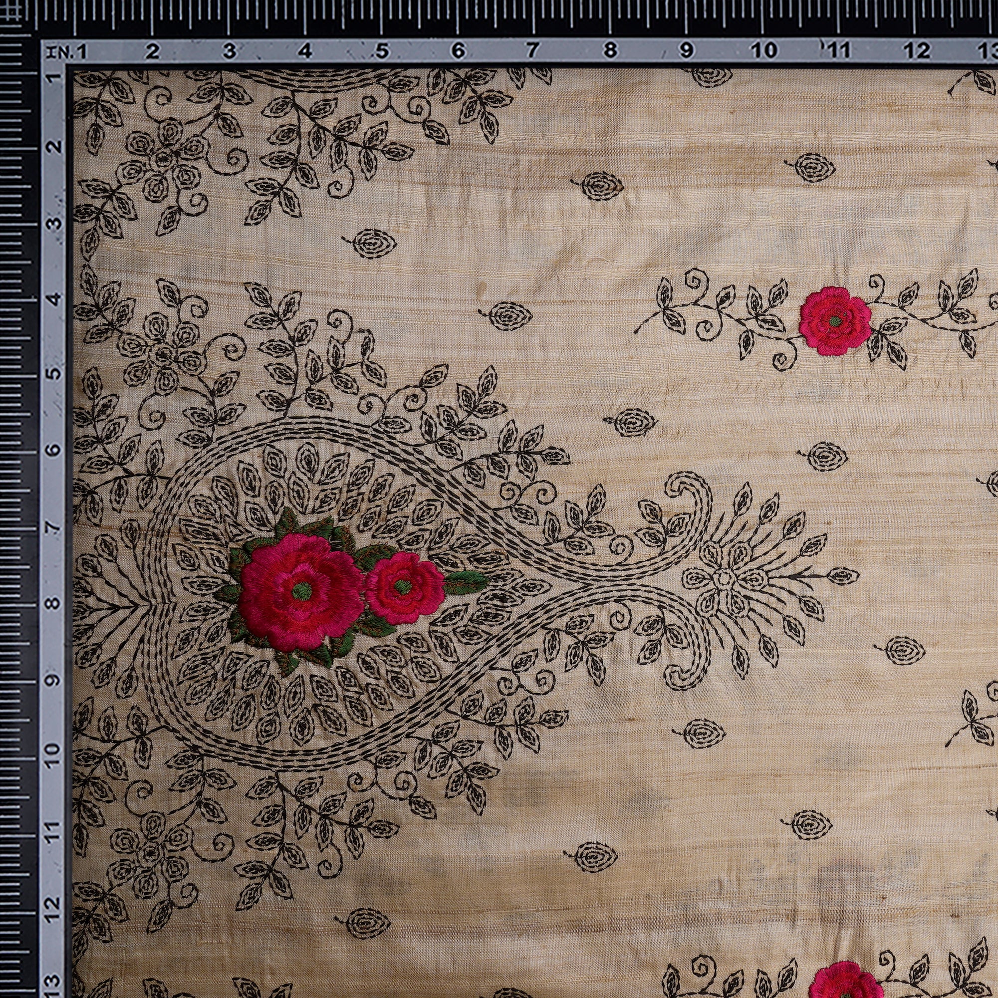 Natural Beige Border Booti Pattern Embroidered Tusser Silk Fabric